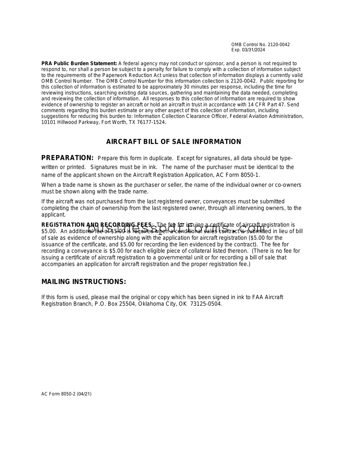 Fill in Your Aircraft Bill of Sale AC 8050-2 Template