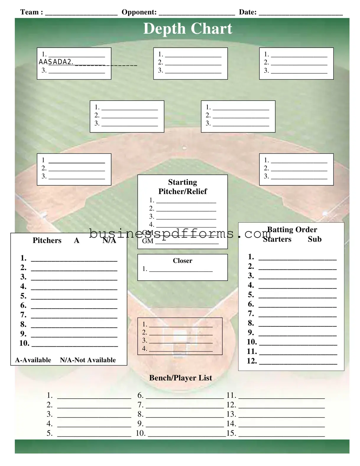 Fill in Your Baseball Field Lineup Template