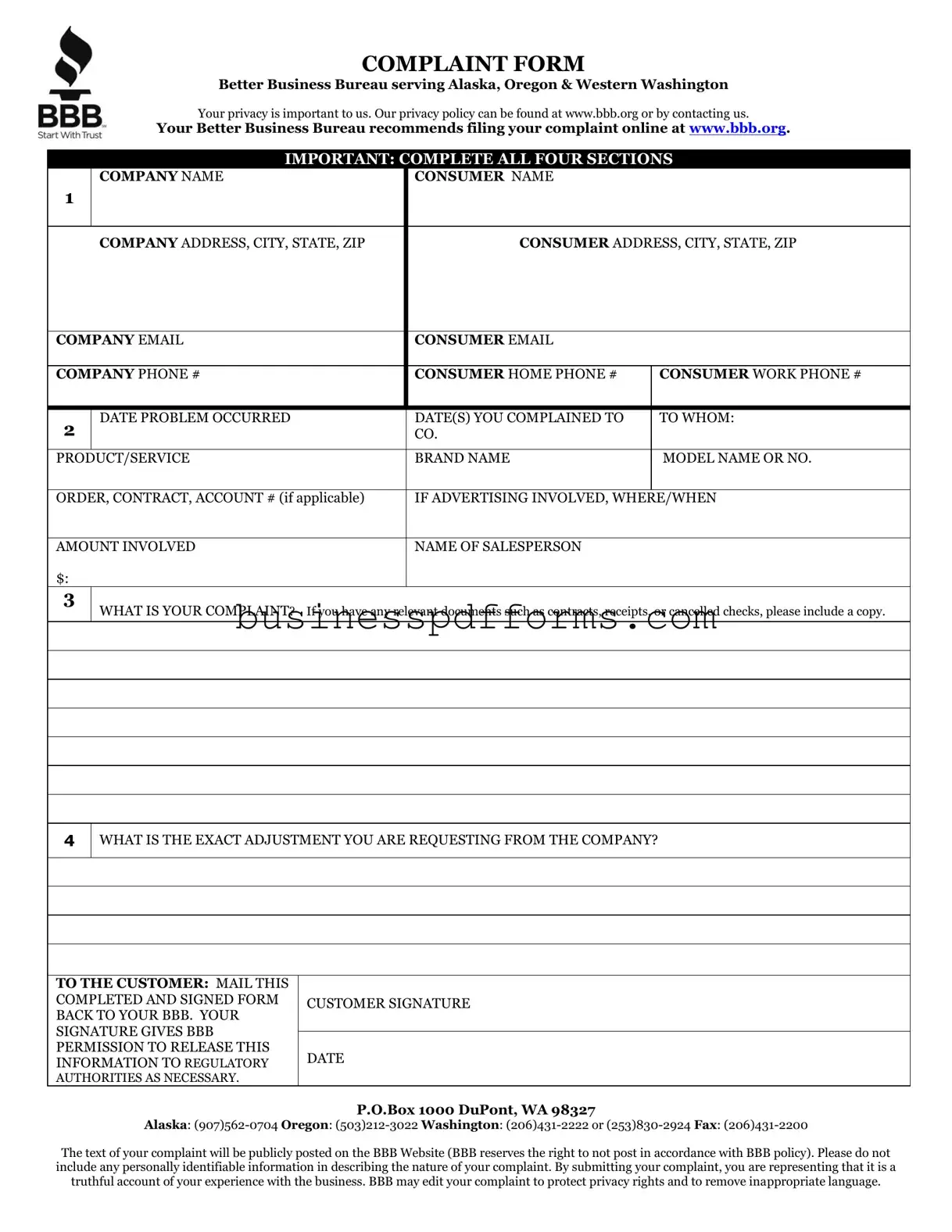 Fill in Your Bbb Complaint Template