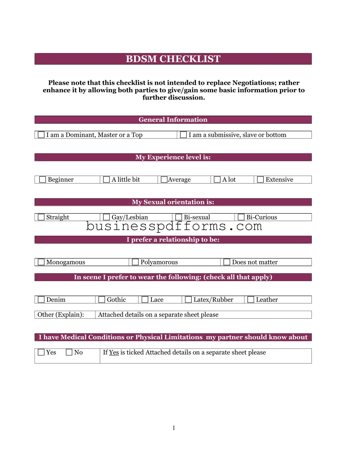 Fill in Your Bdsm Checklist Template