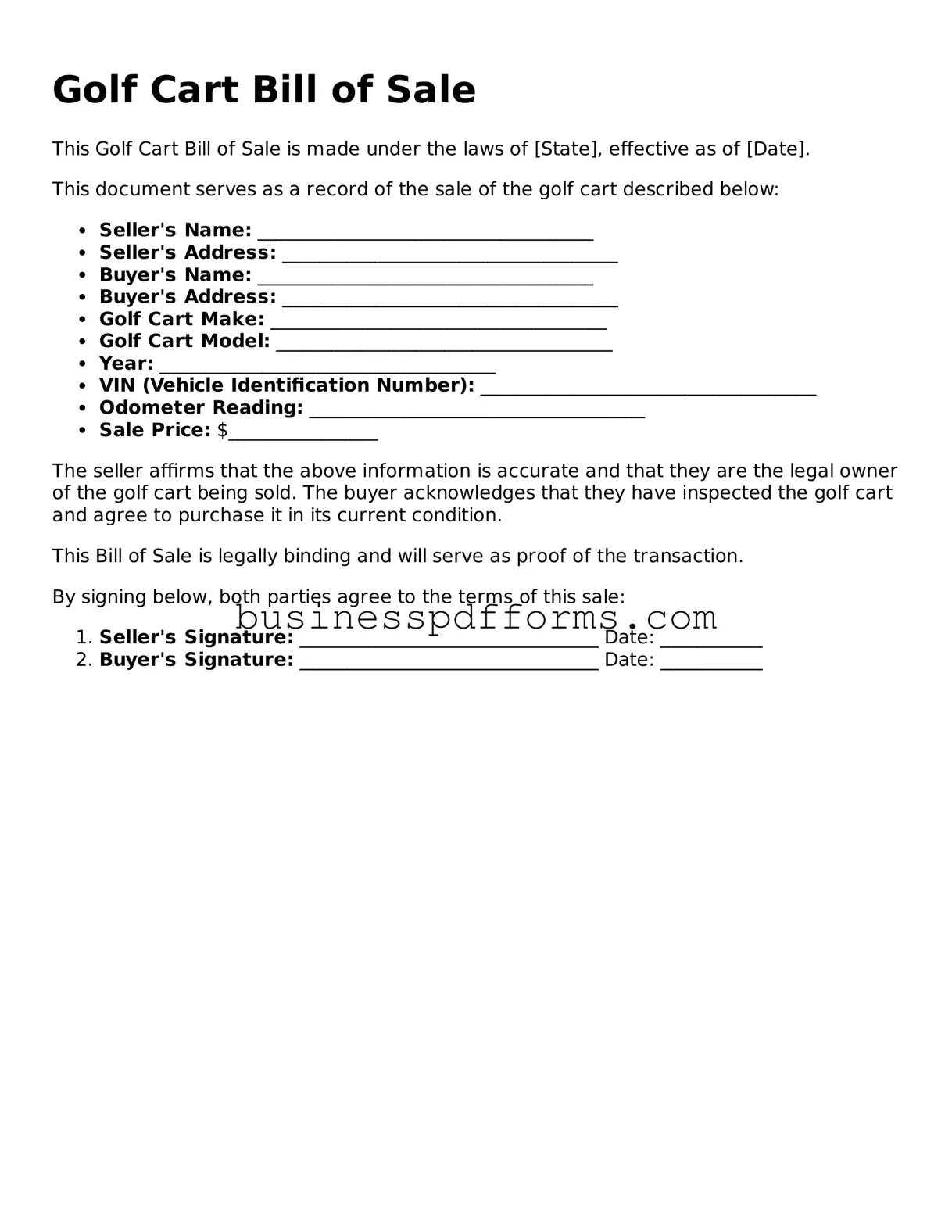 Attorney-Verified Golf Cart Bill of Sale Template