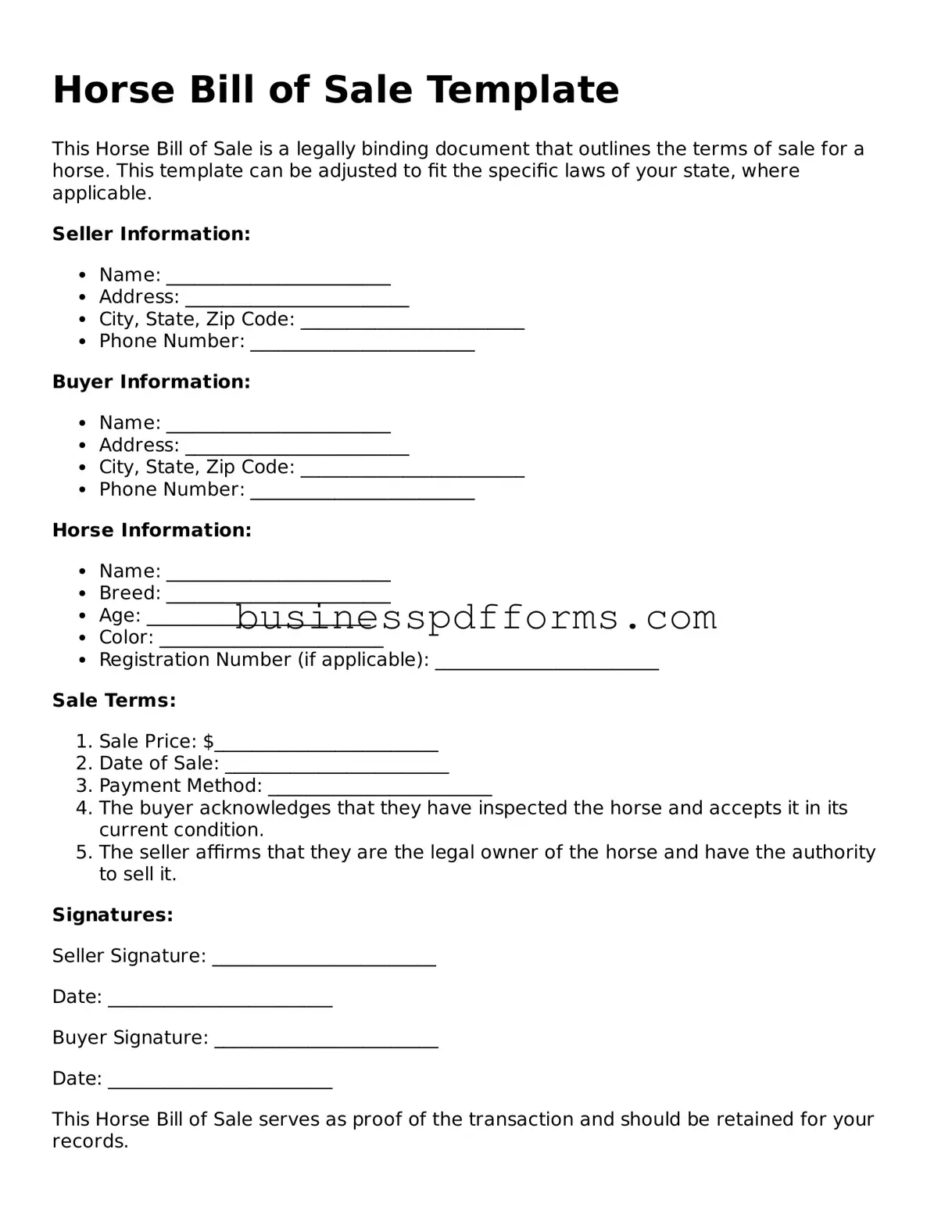 Attorney-Verified Horse Bill of Sale Template