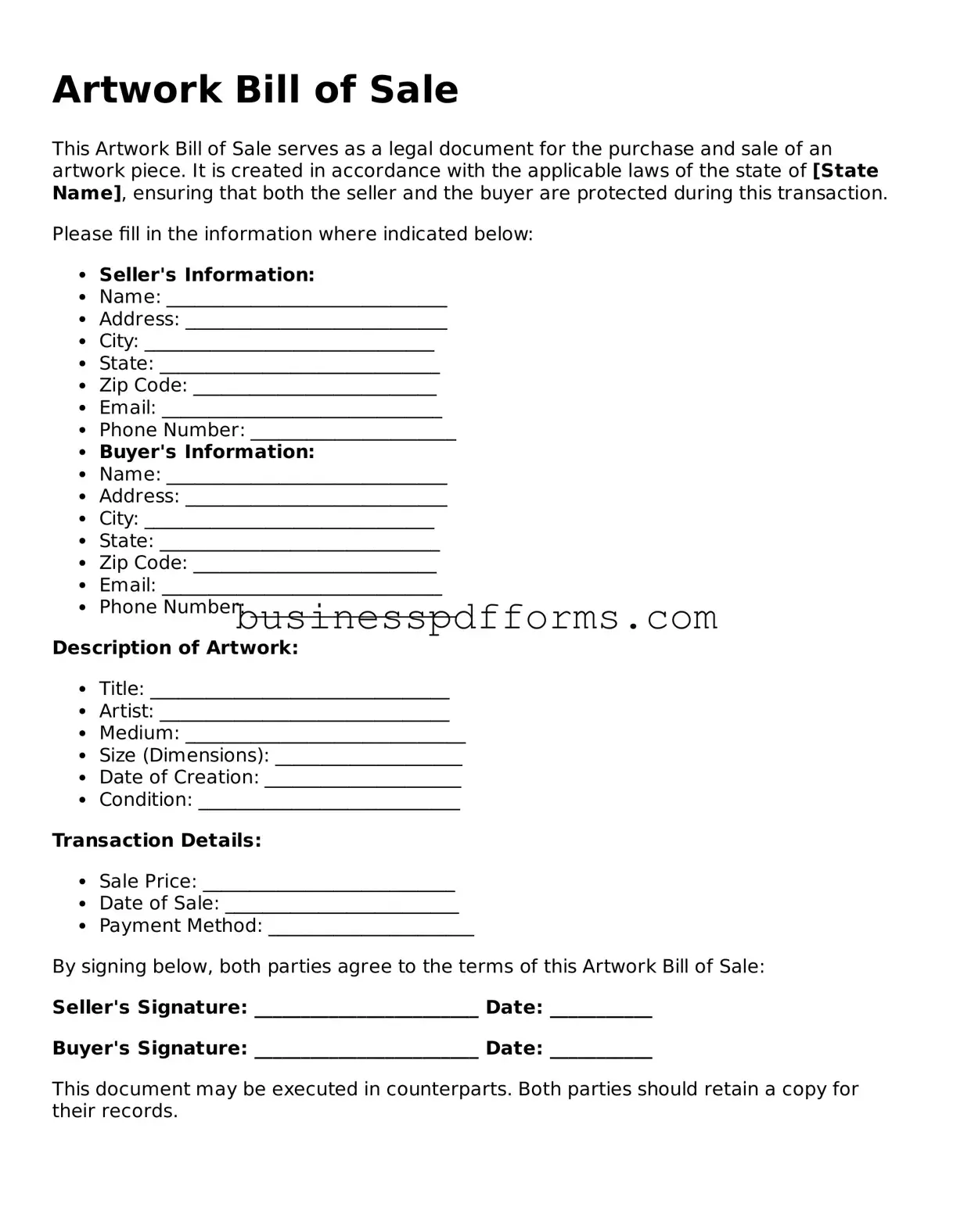 Attorney-Verified Artwork Bill of Sale Template