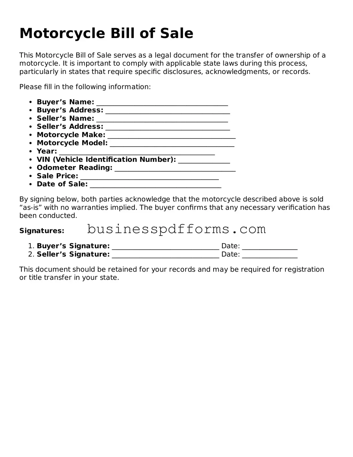 Attorney-Verified Motorcycle Bill of Sale Template