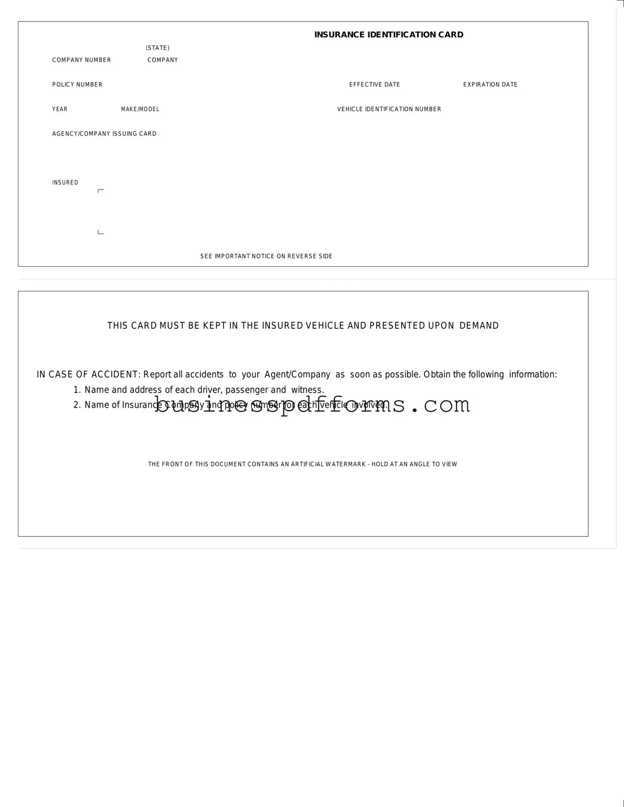 Fill in Your Auto Insurance Card Template