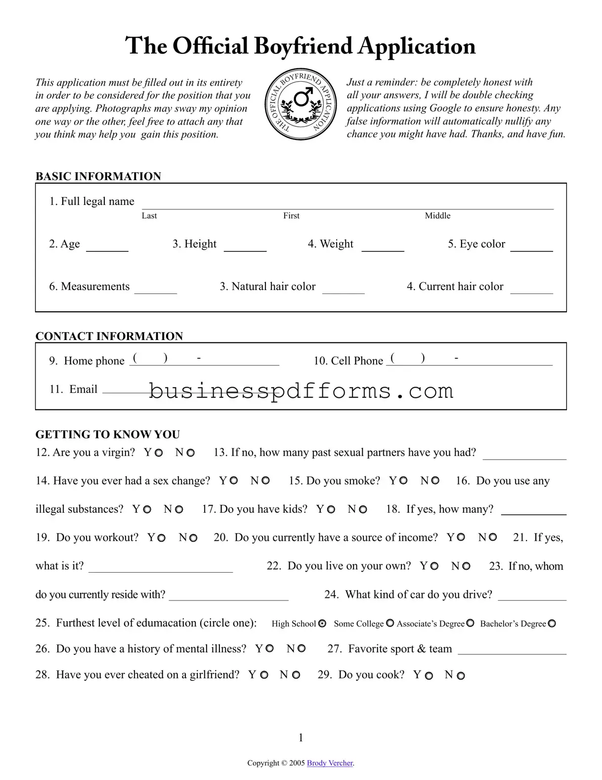 Fill in Your Boyfriend application form Template