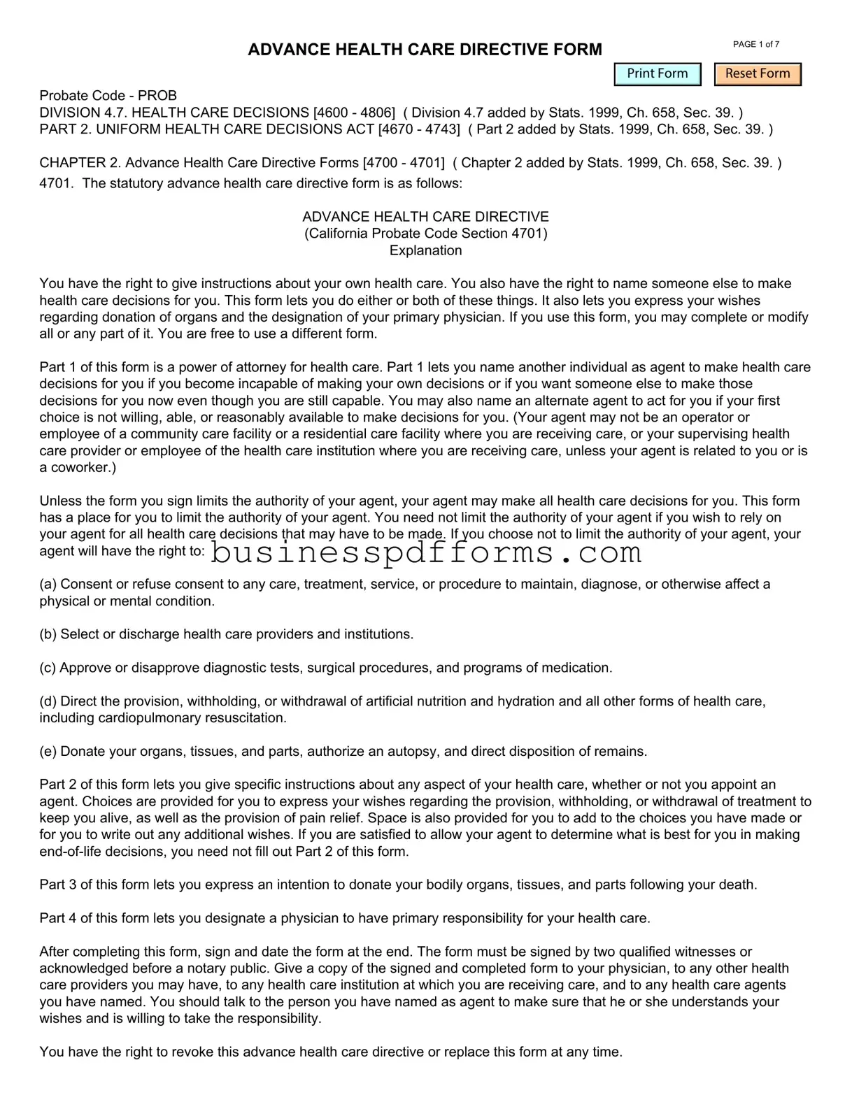 Fill in Your California Advanced Health Care Directive Template