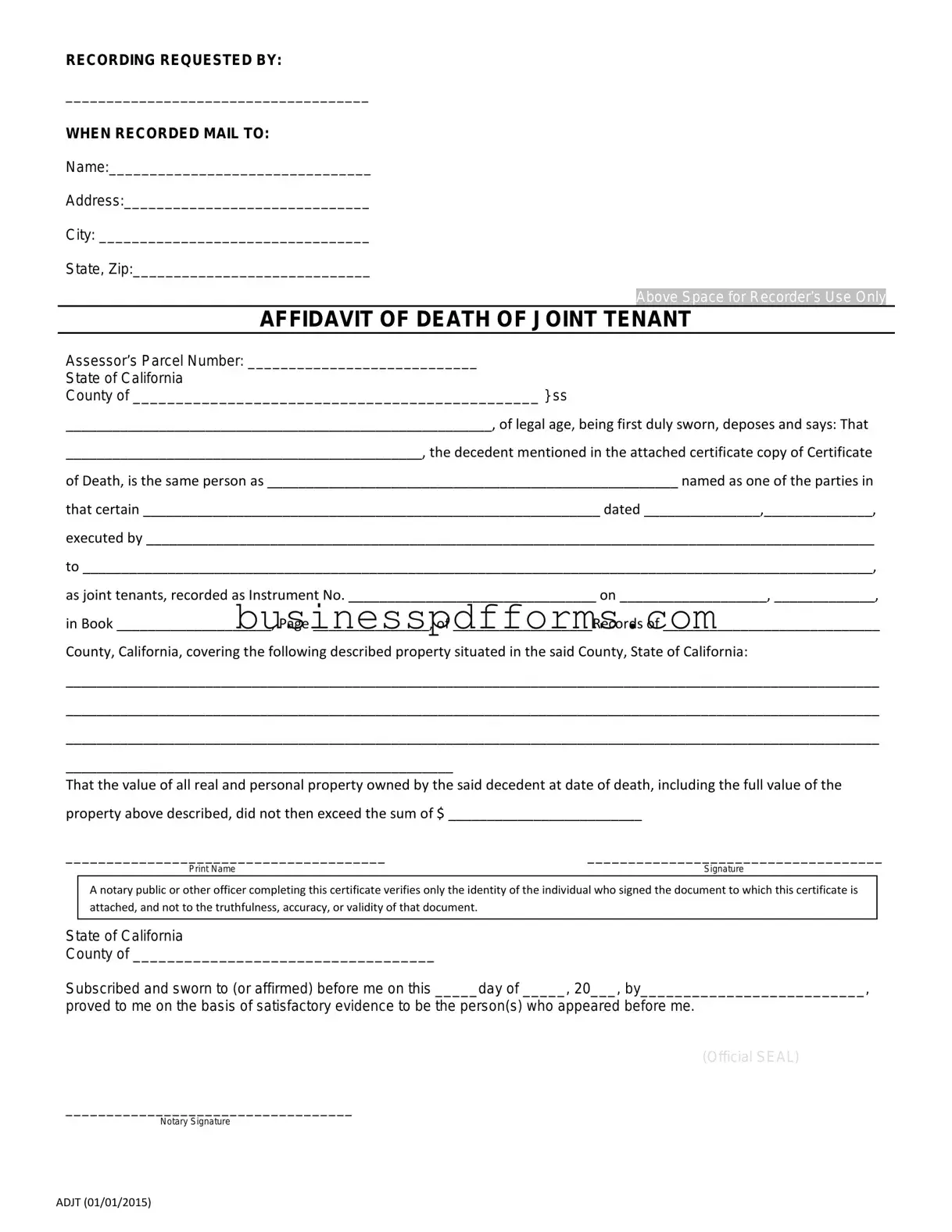 Fill in Your California Death of a Joint Tenant Affidavit Template