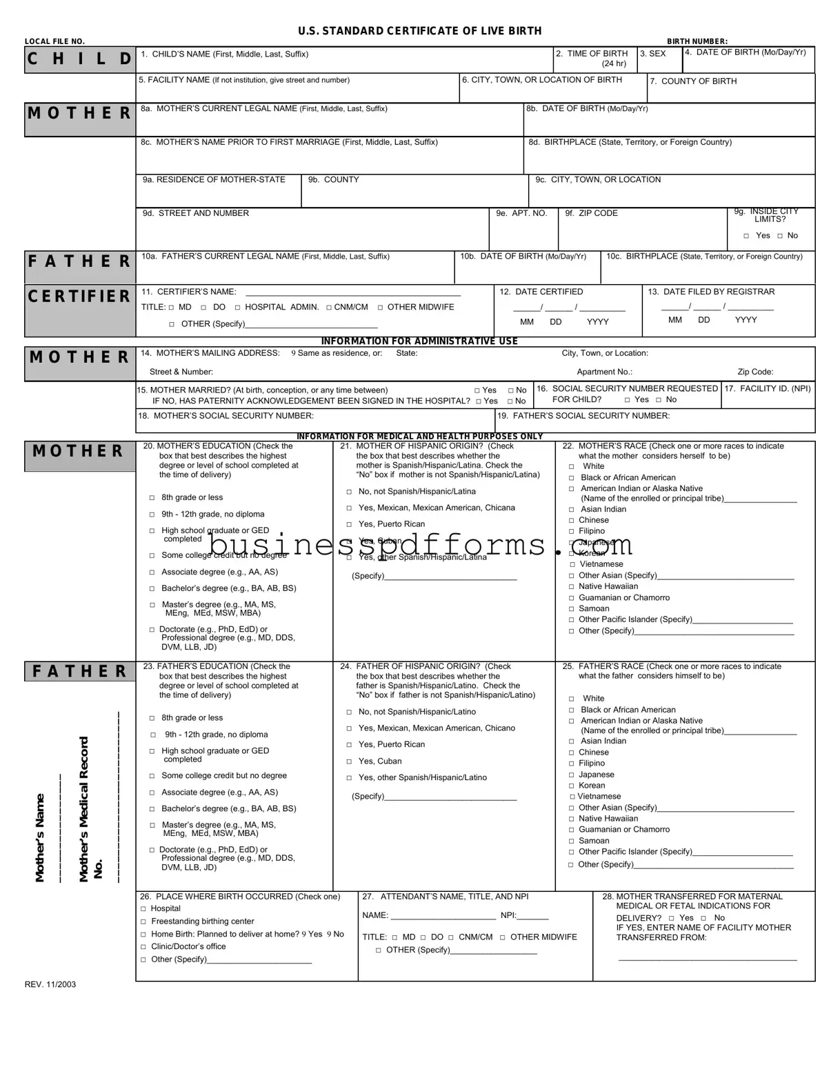 Fill in Your CDC U.S. Standard Certificate of Live Birth Template