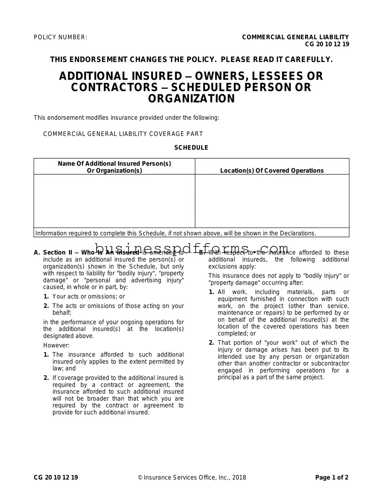 Fill in Your Cg 20 10 07 04 Liability Endorsement Template