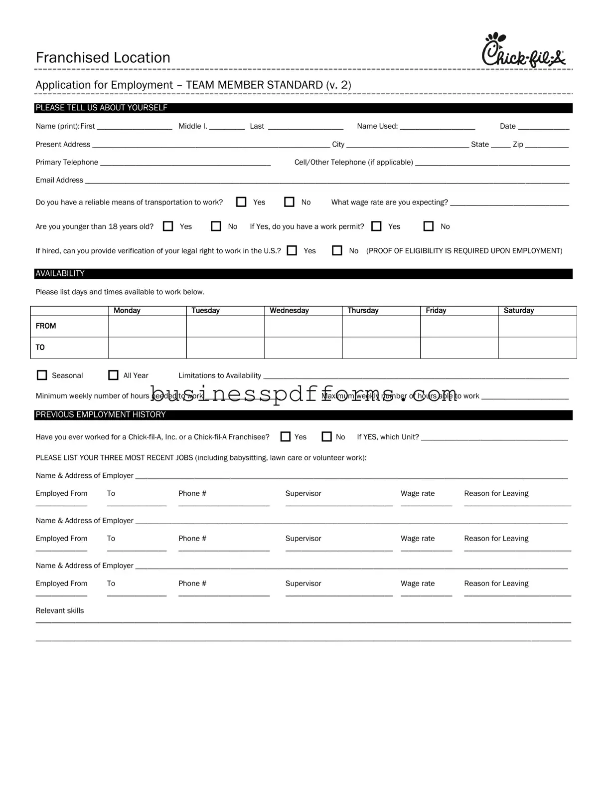 Fill in Your Chick Fil A Job Application Template