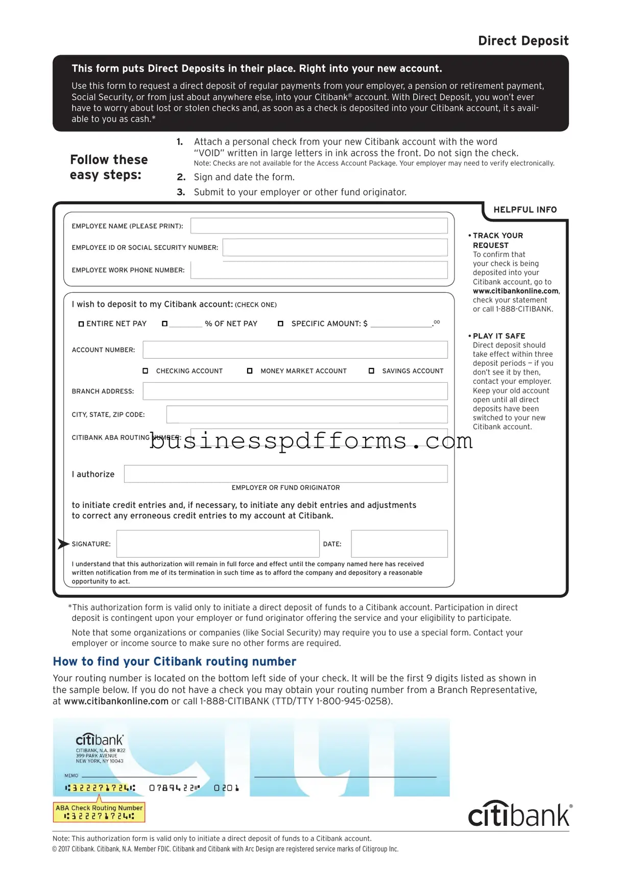 Fill in Your Citibank Direct Deposit Template