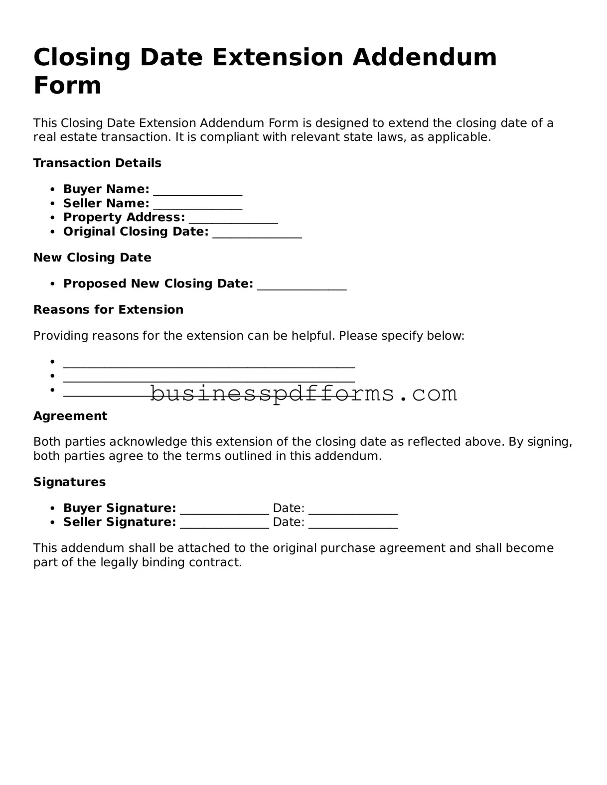 Attorney-Verified Closing Date Extension Addendum Form Template