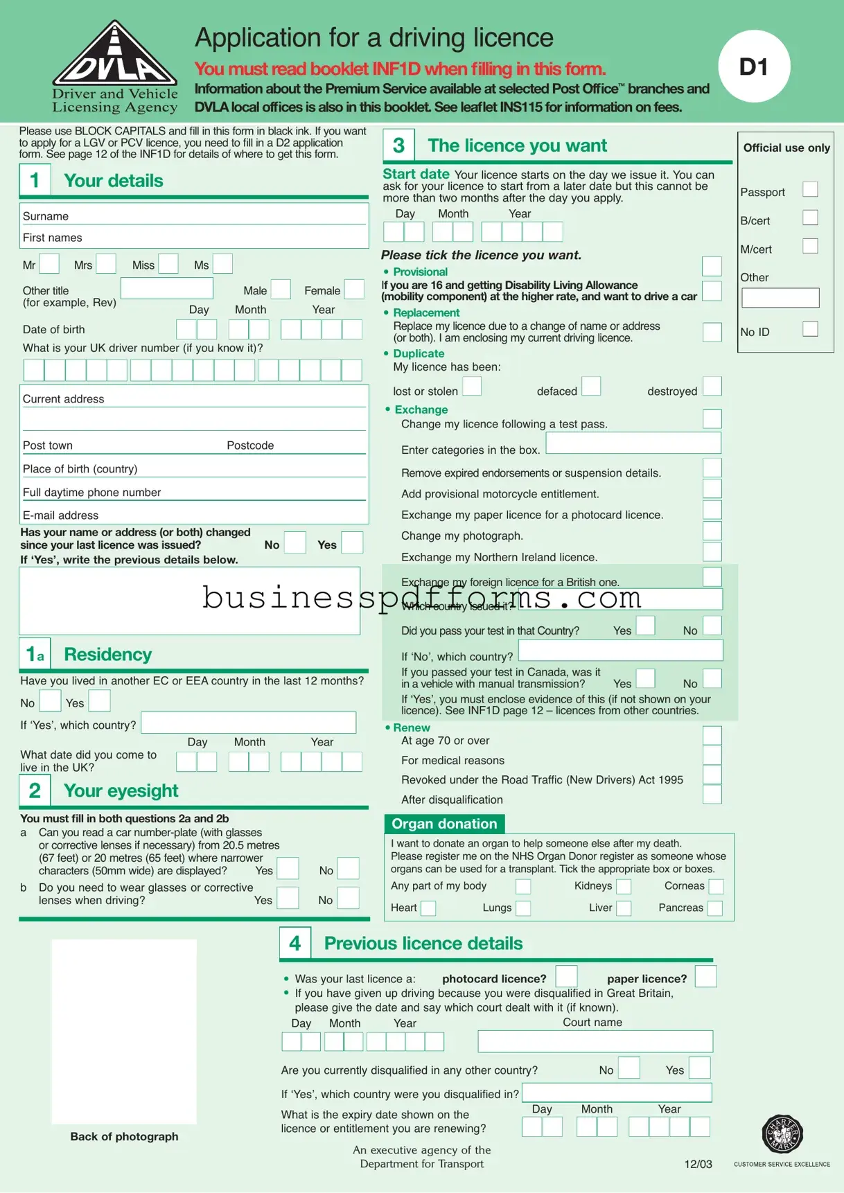 Fill in Your D1 Dvla Template