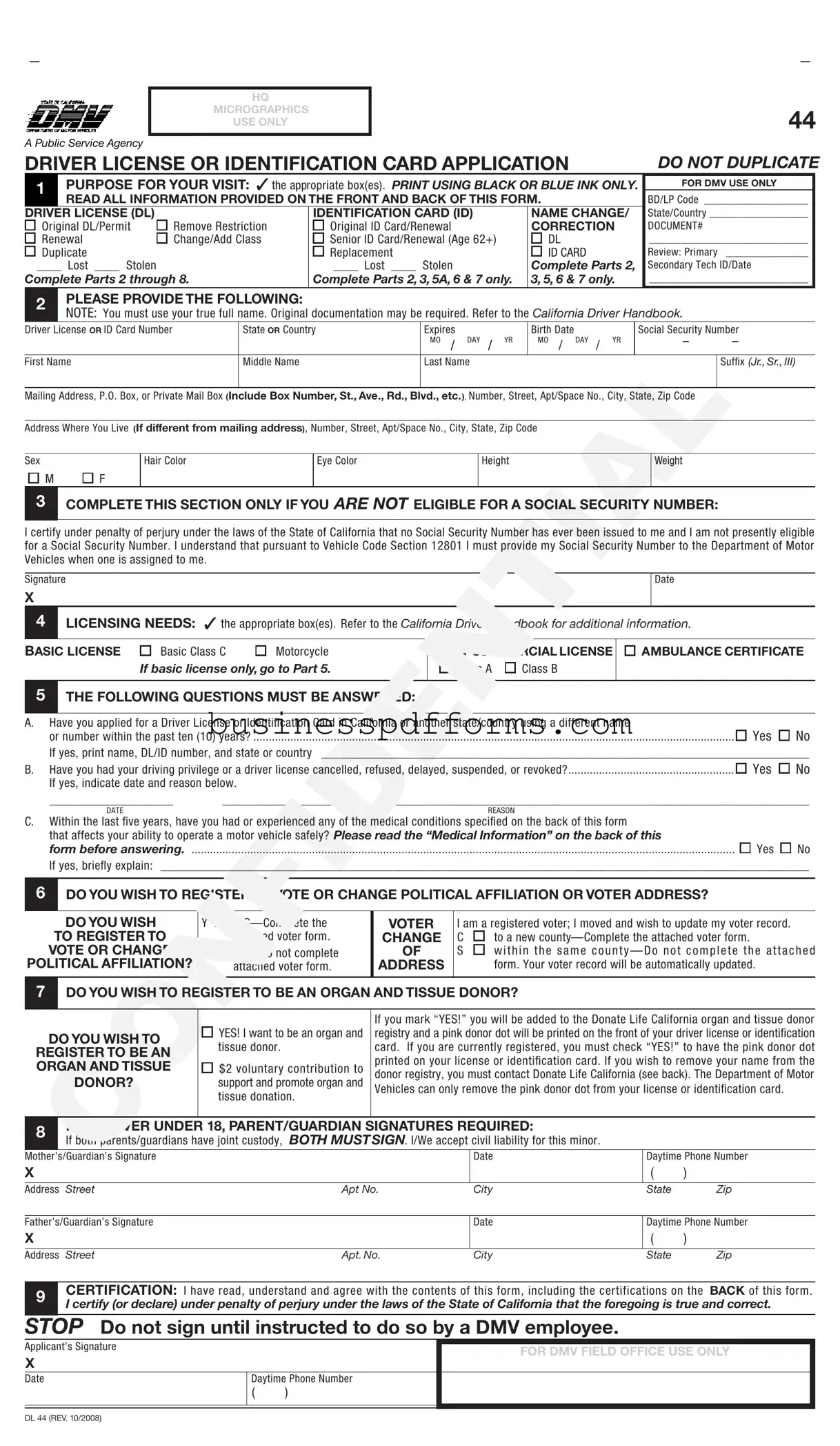 Fill in Your Ca Dmv Dl 44 Template