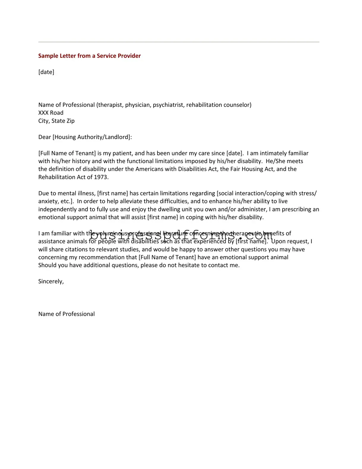 Fill in Your Emotional Support Animal Letter Template