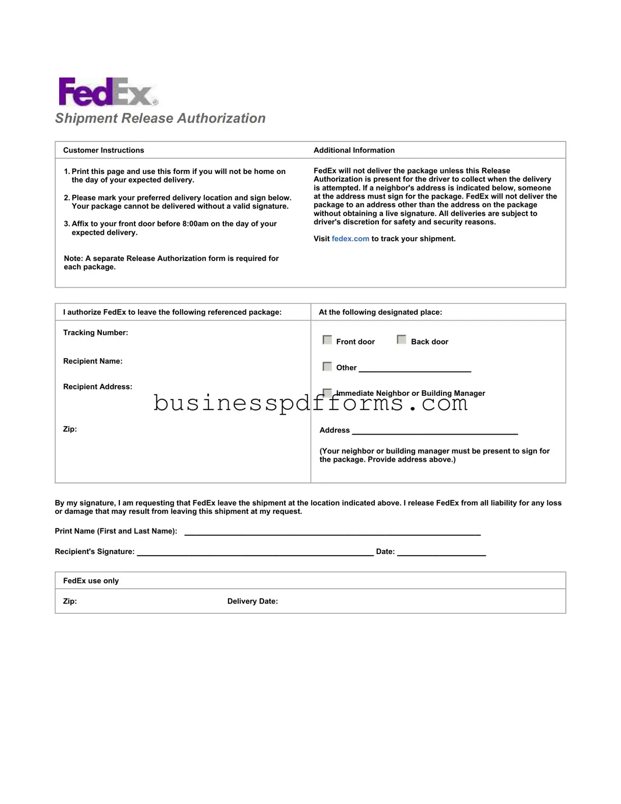 Fill in Your Fedex Release Template