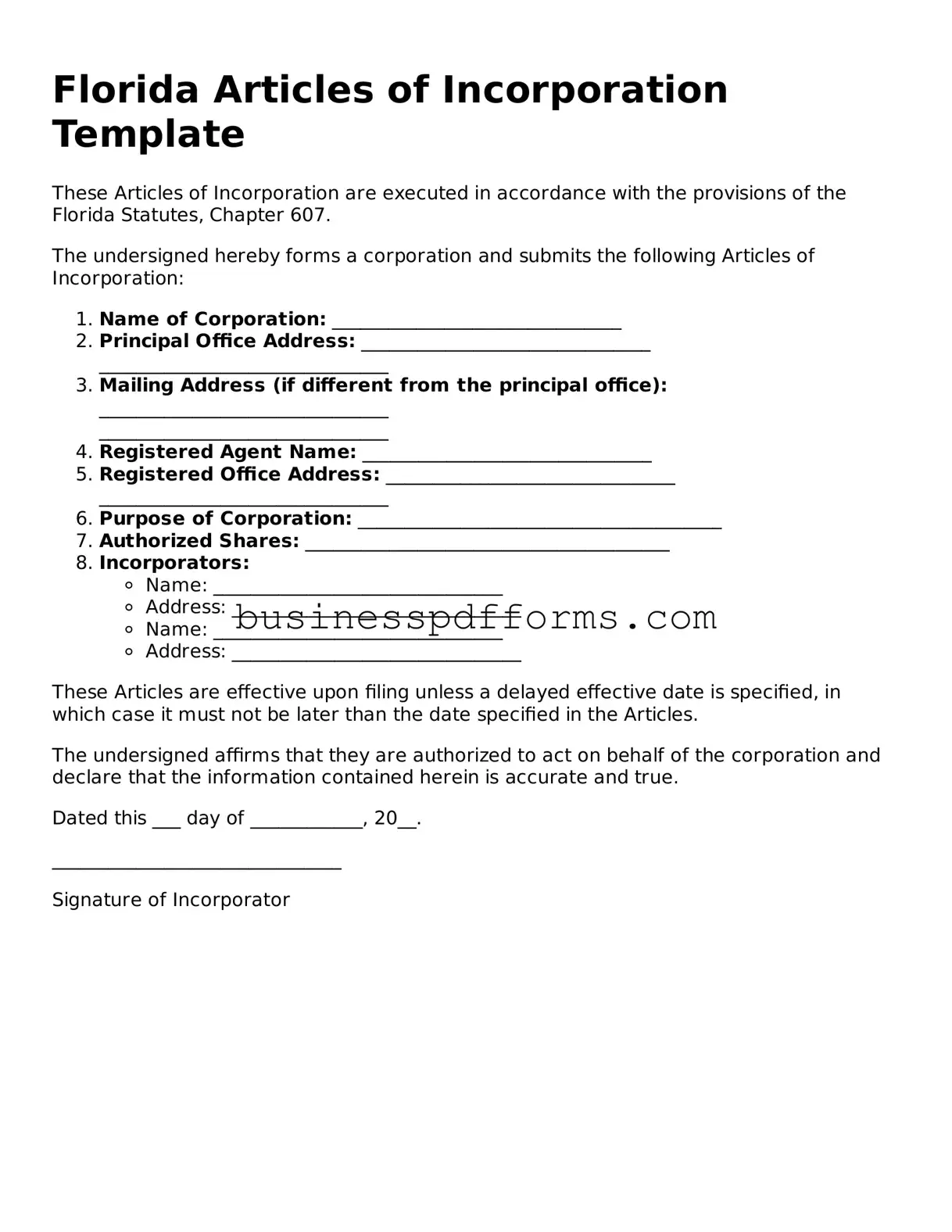 Free Florida Articles of Incorporation Template