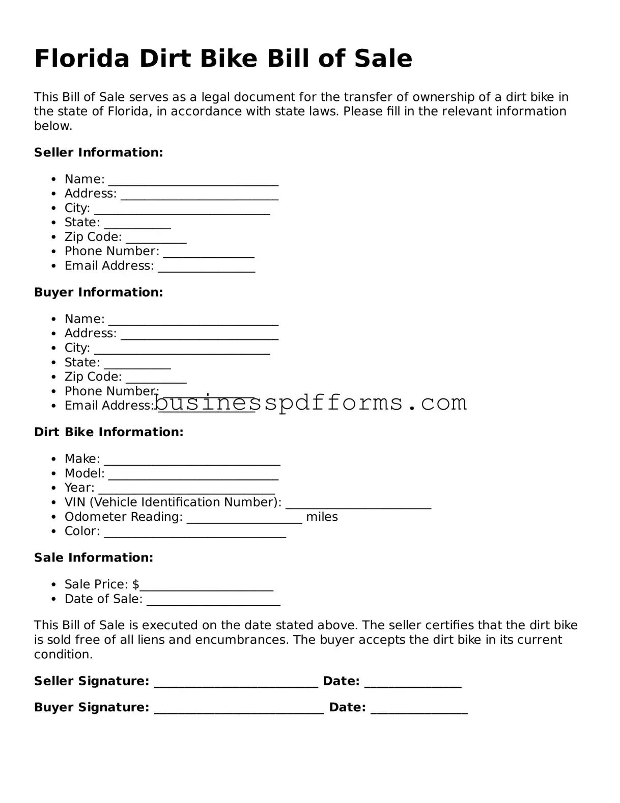 Free Florida Dirt Bike Bill of Sale Template