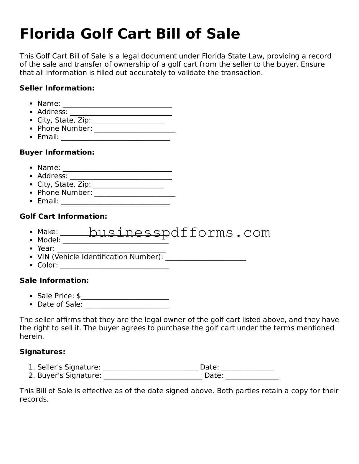 Free Florida Golf Cart Bill of Sale Template