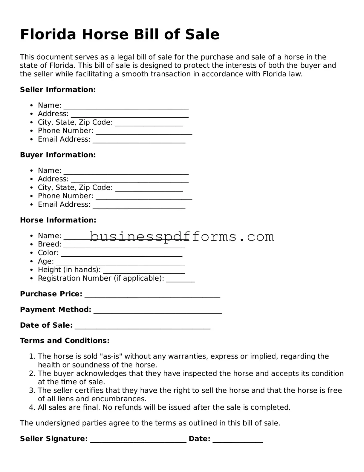 Free Florida Horse Bill of Sale Template
