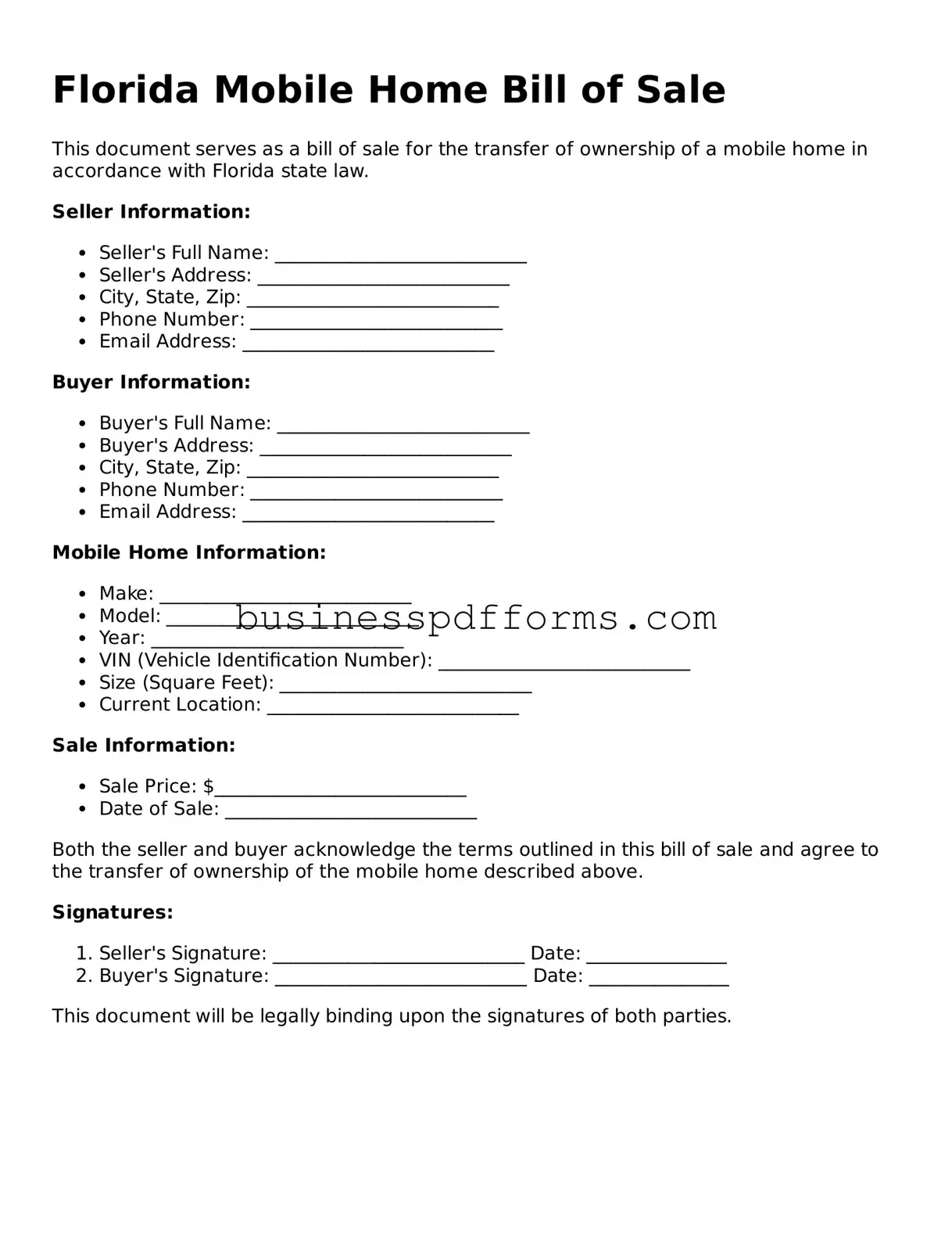 Free Florida Mobile Home Bill of Sale Template
