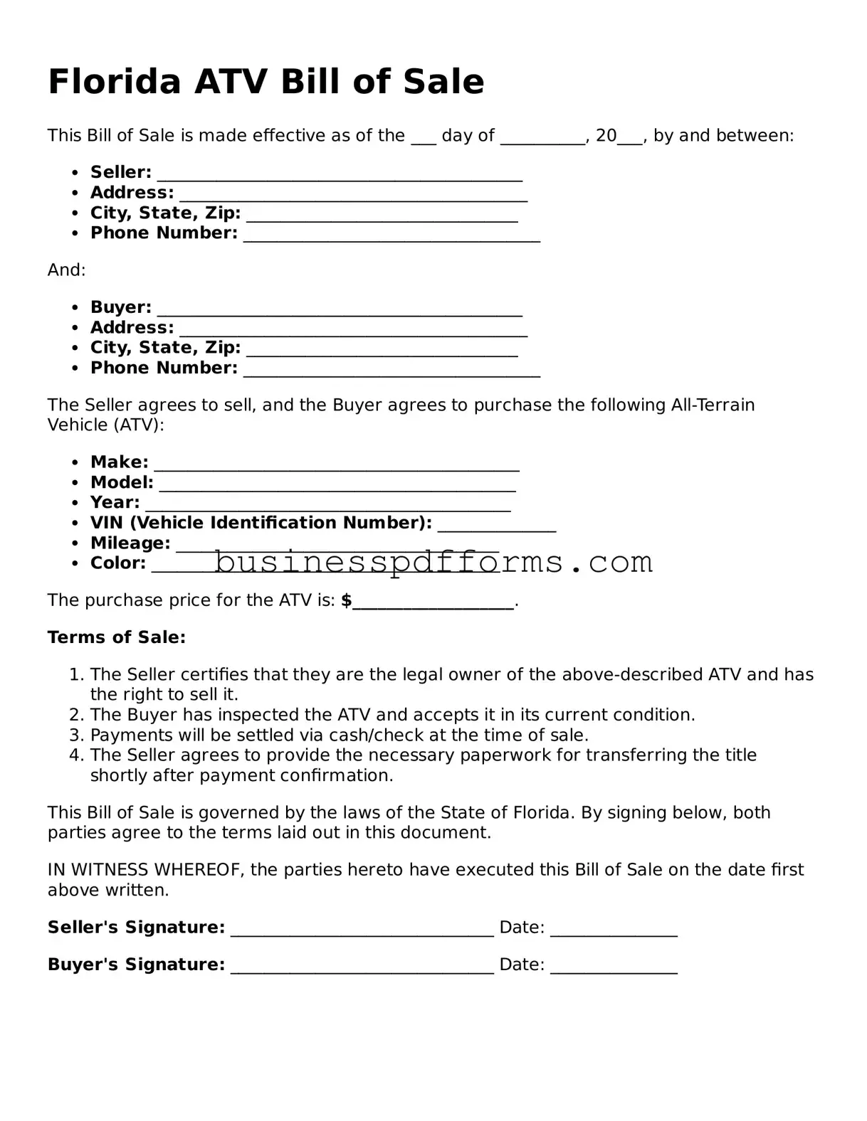 Free Florida ATV Bill of Sale Template