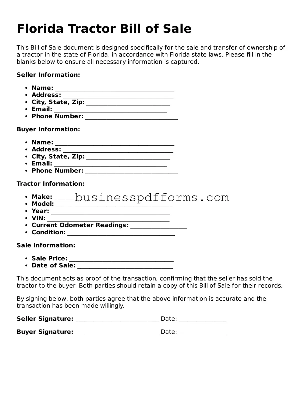 Free Florida Tractor Bill of Sale Template