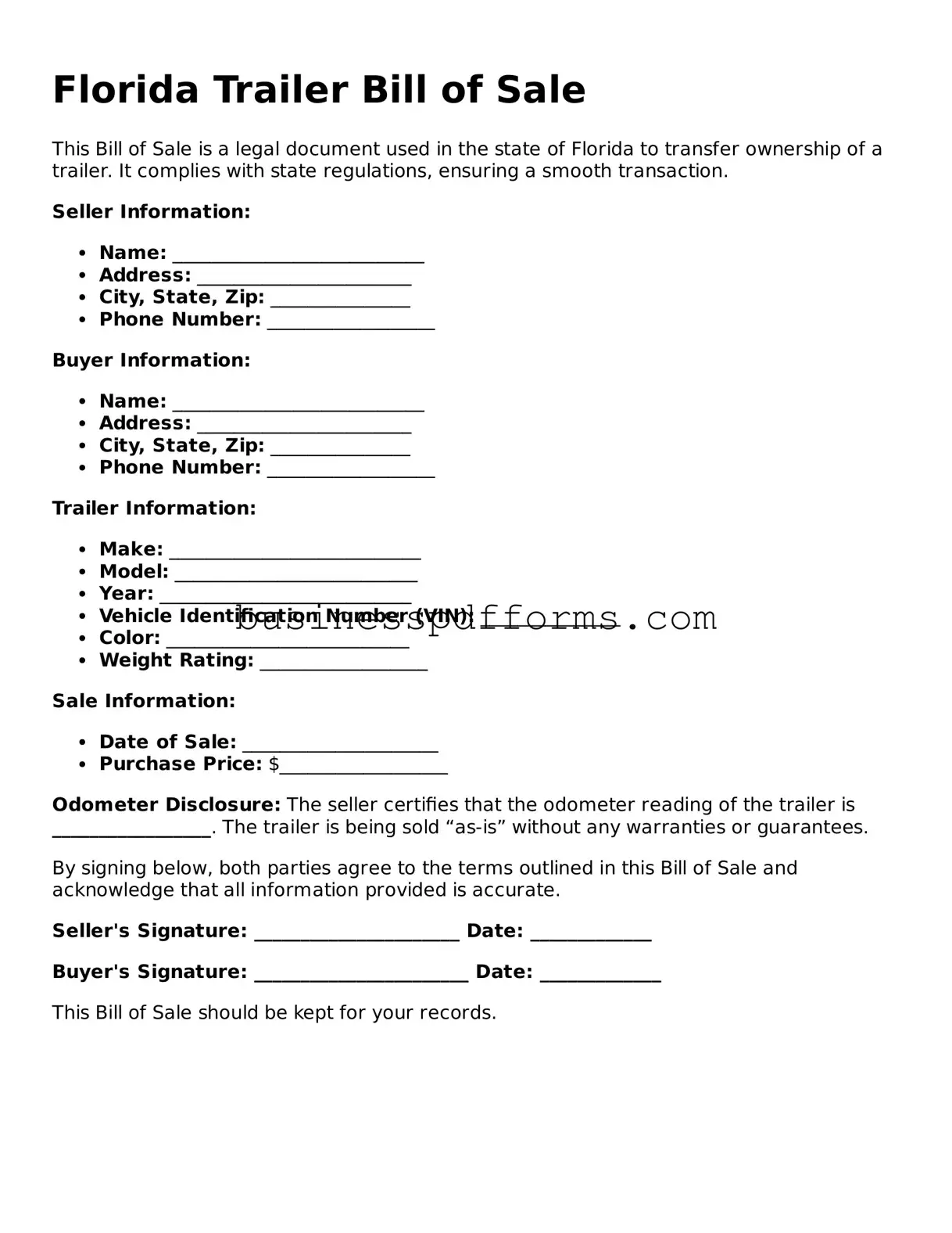 Free Florida Trailer Bill of Sale Template