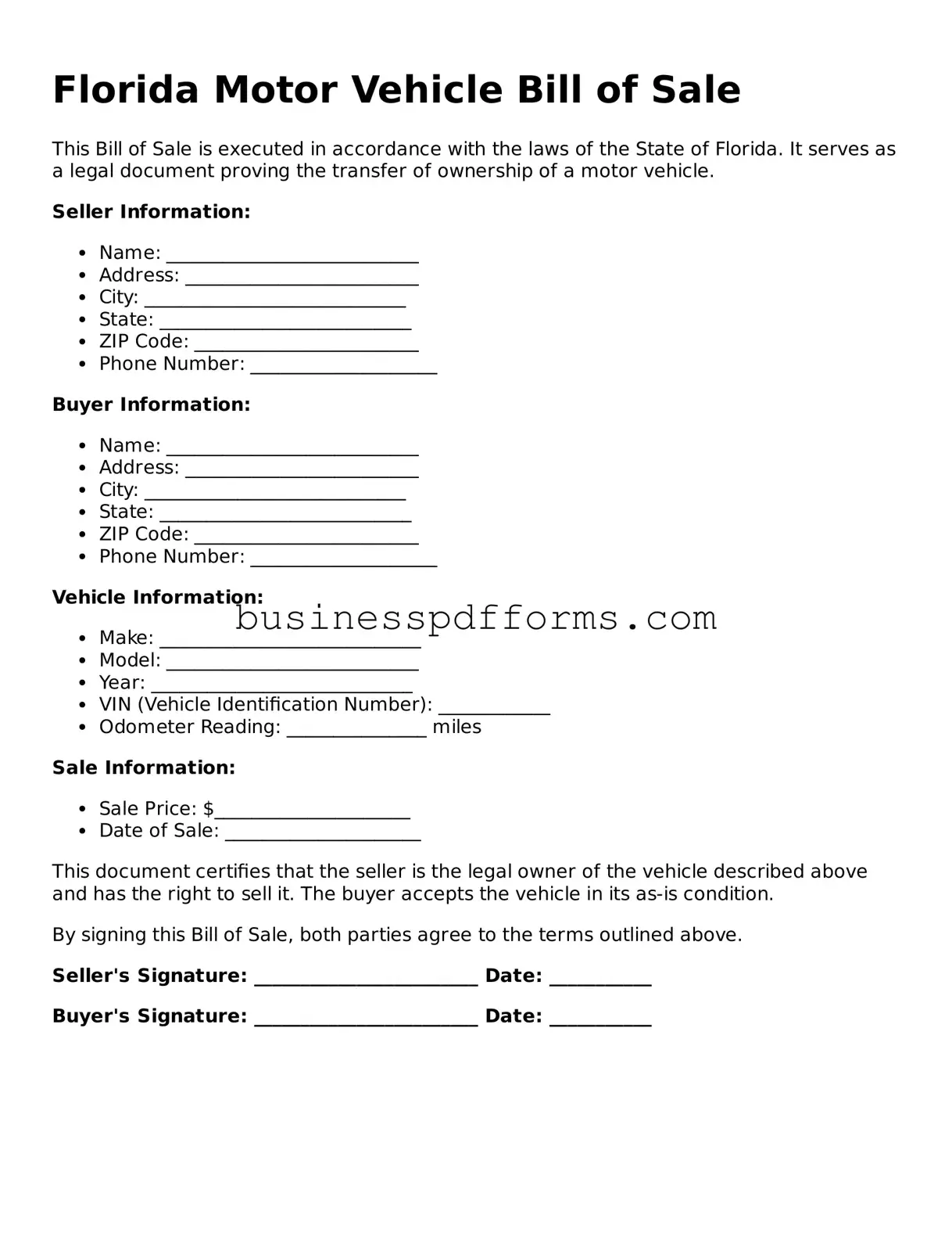 Free Florida Motor Vehicle Bill of Sale Template