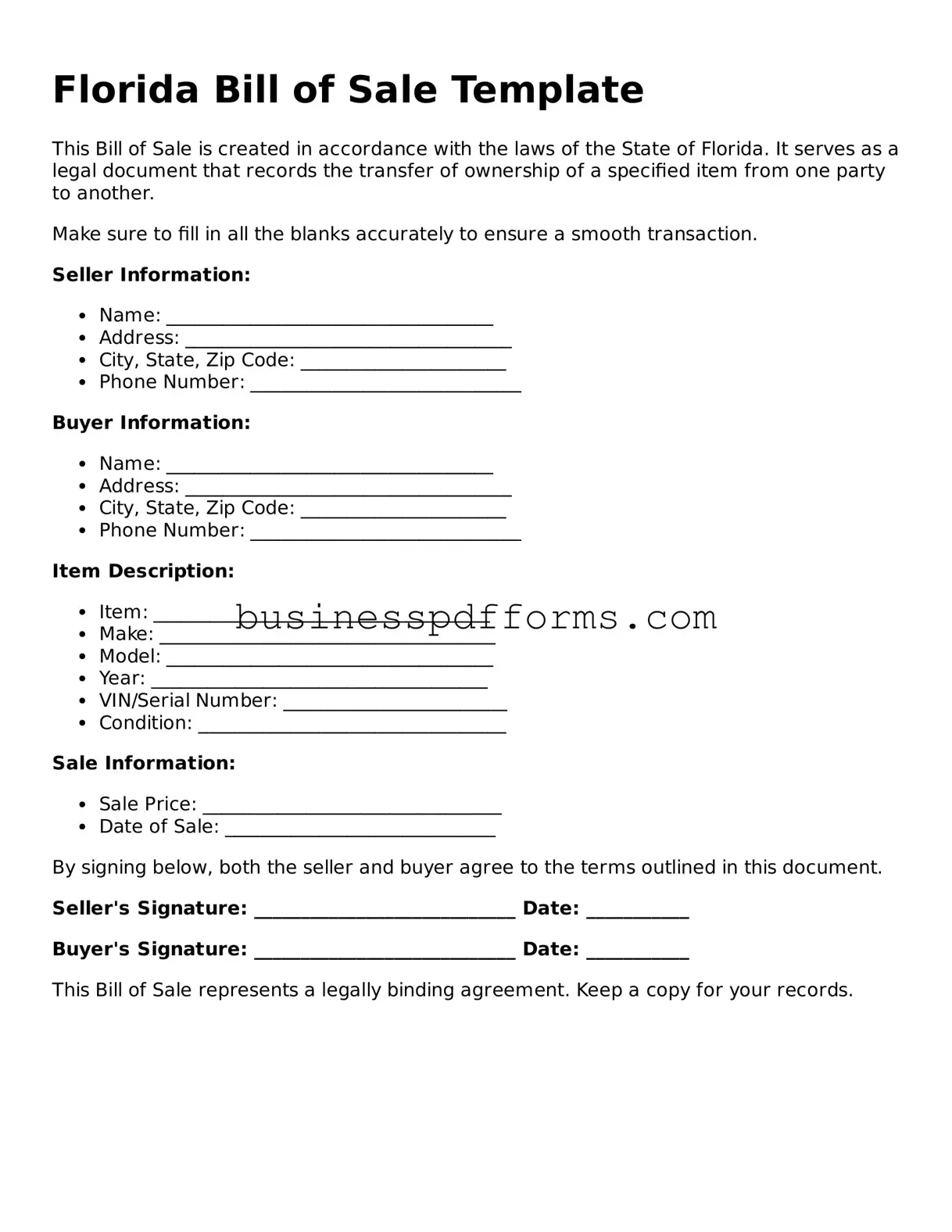 Free Florida Bill of Sale Template