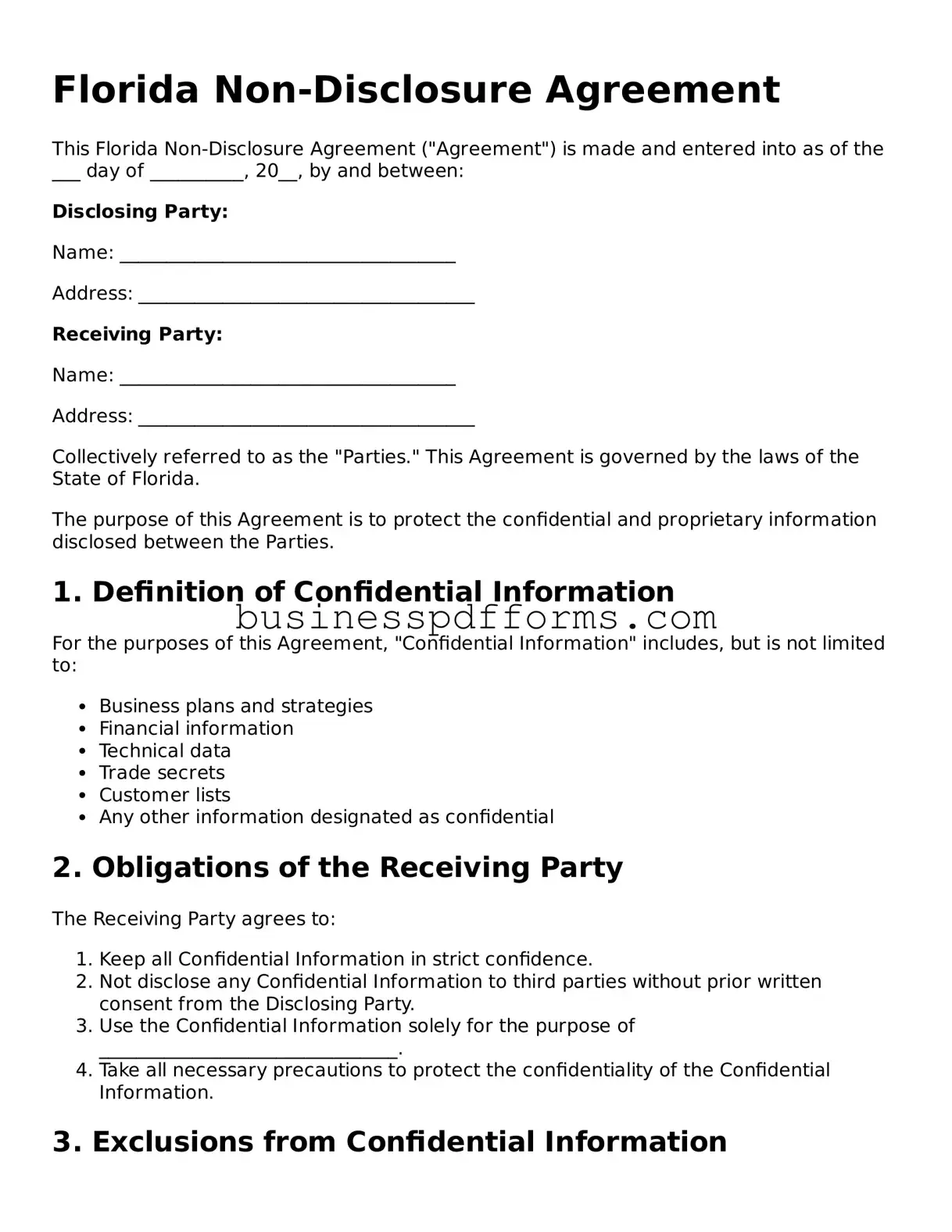 Free Florida Non-disclosure Agreement Template