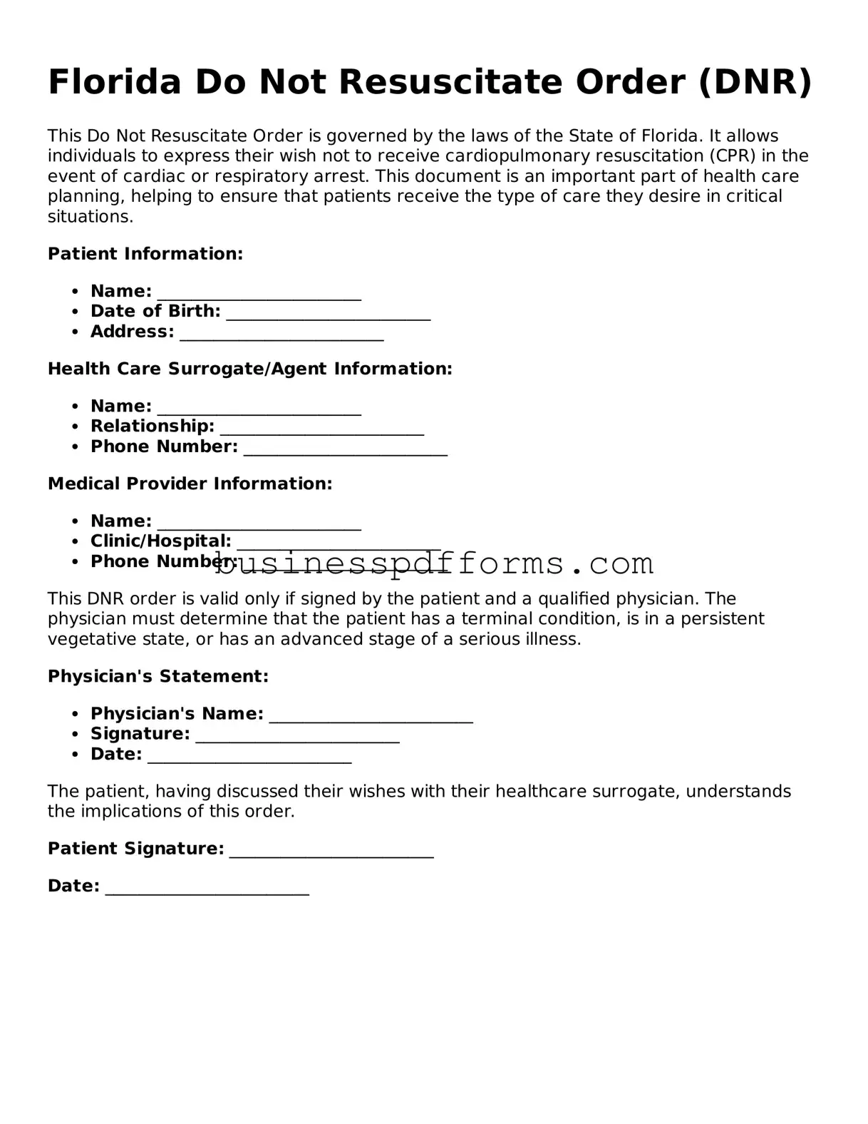 Free Florida Do Not Resuscitate Order Template
