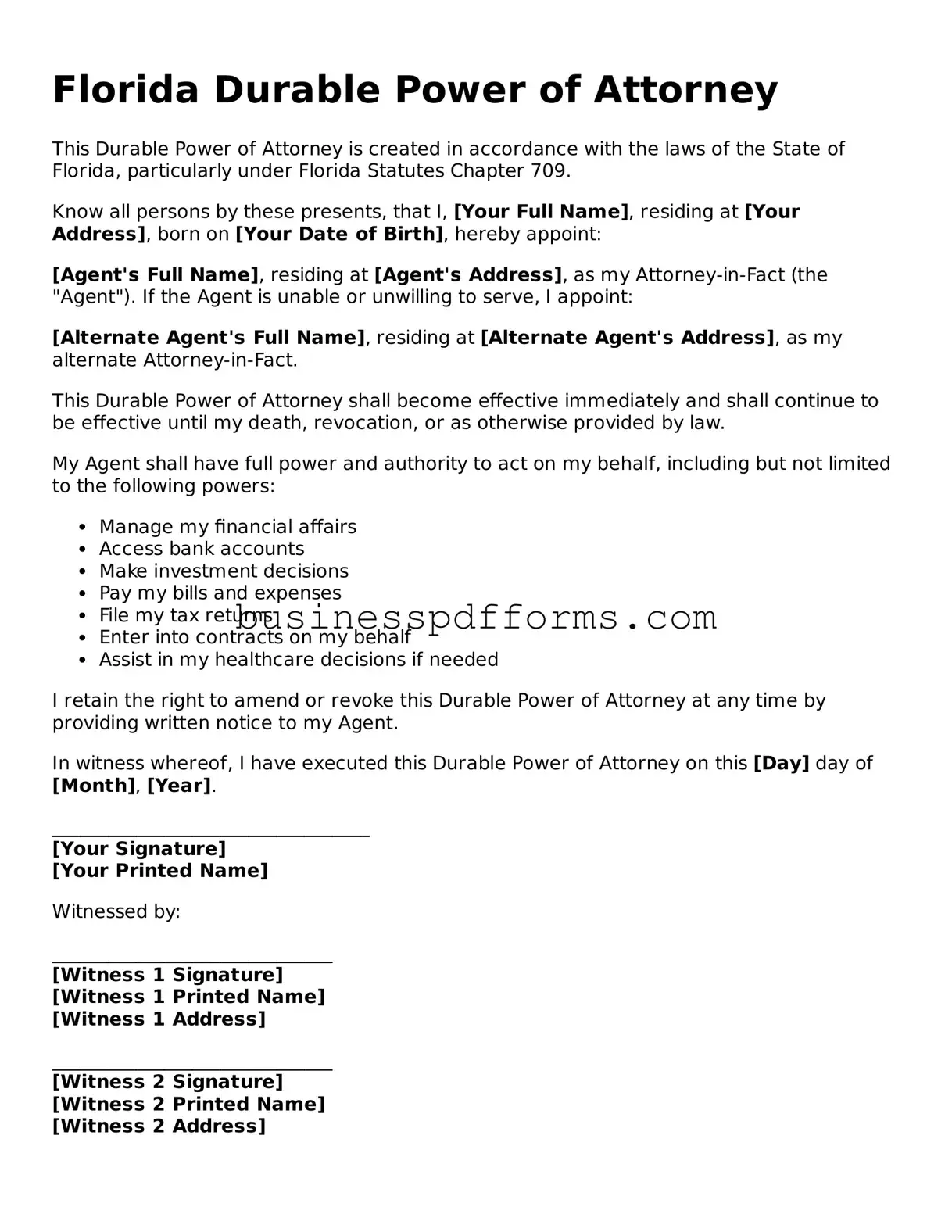 Free Florida Durable Power of Attorney Template