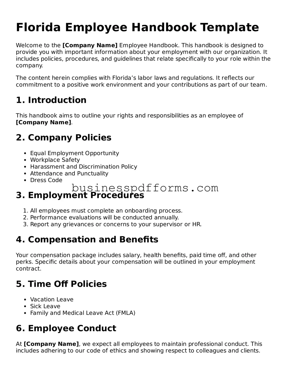Free Florida Employee Handbook Template