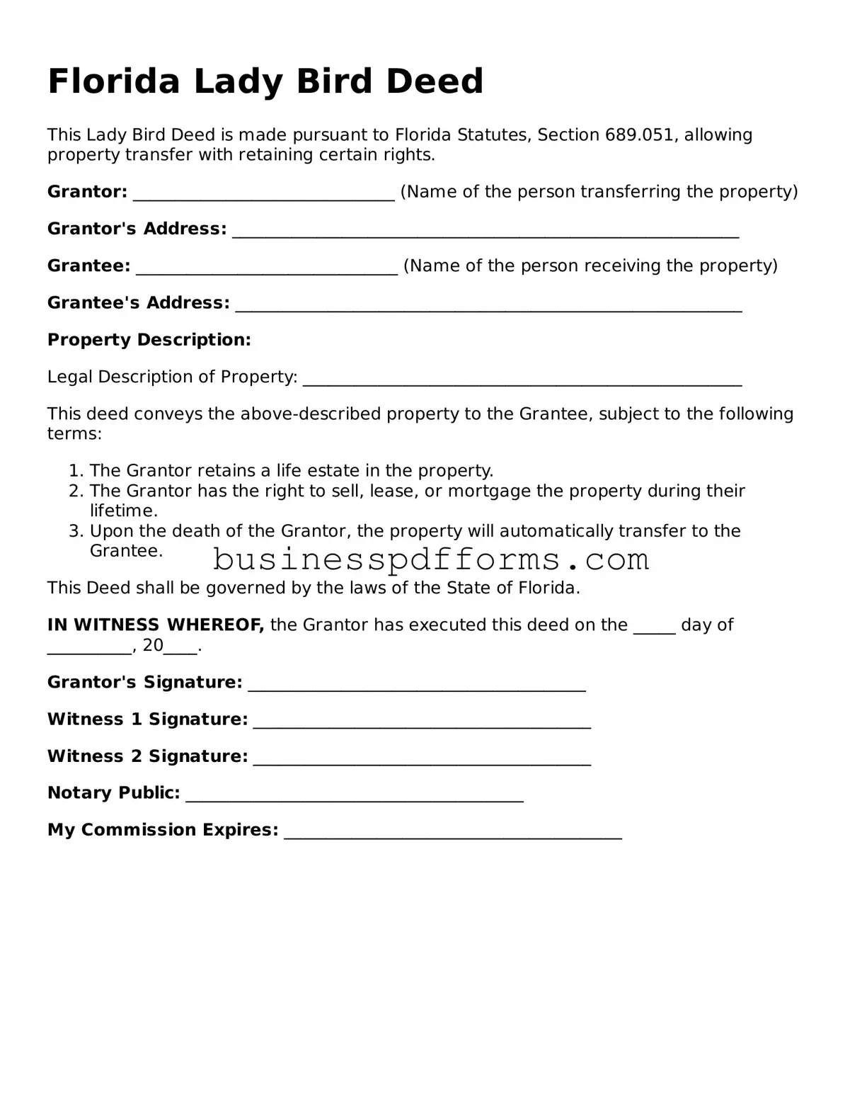 Free Florida Lady Bird Deed Template