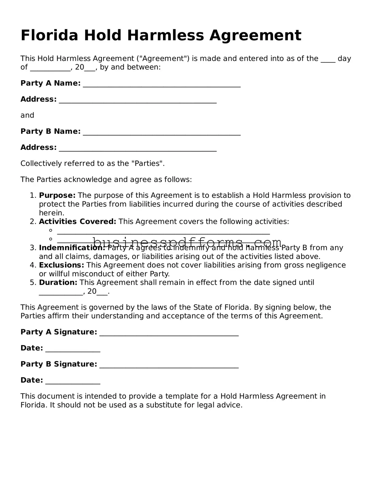 Free Florida Hold Harmless Agreement Template