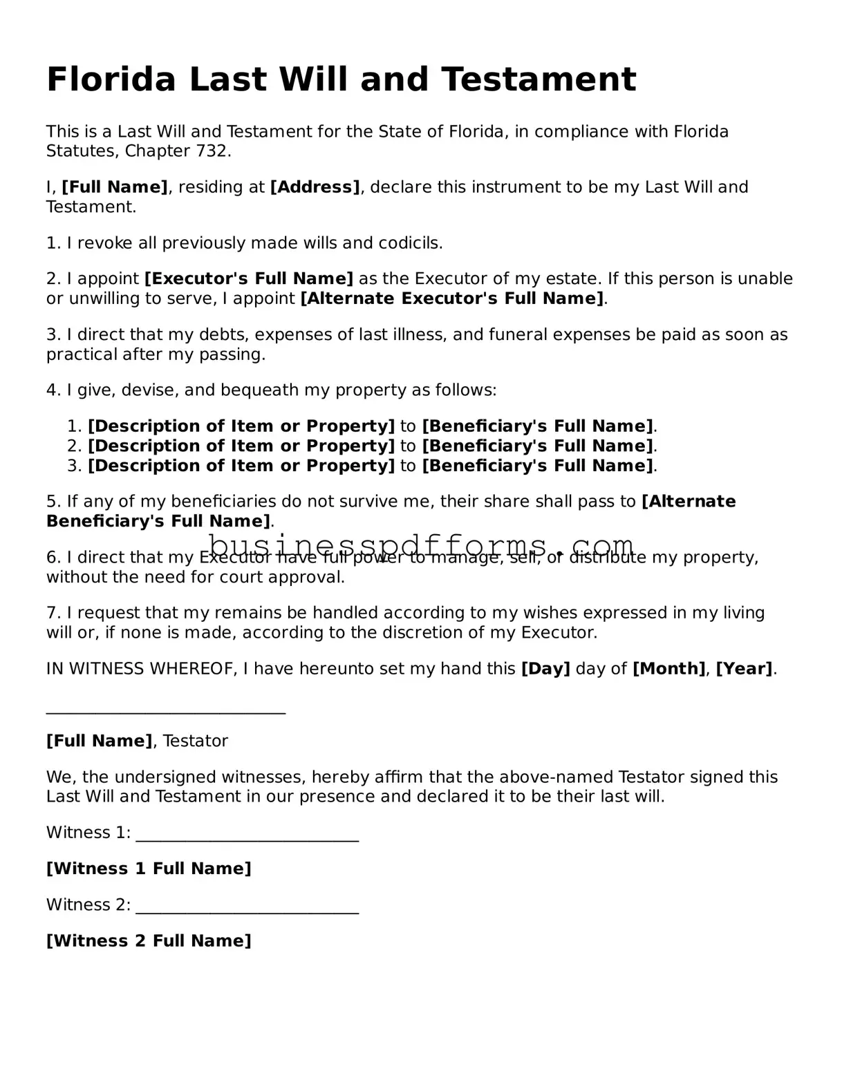 Free Florida Last Will and Testament Template