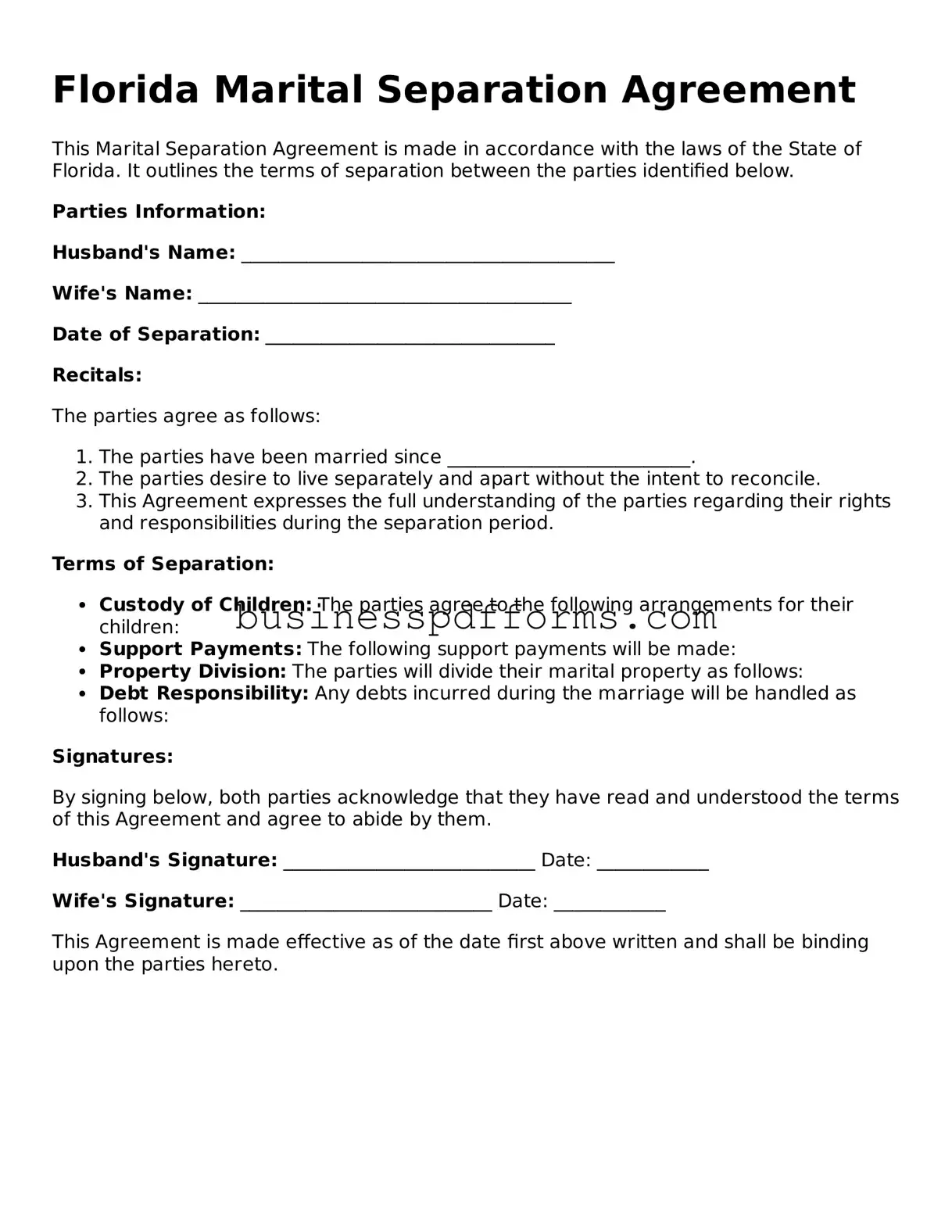 Free Florida Marital Separation Agreement Template