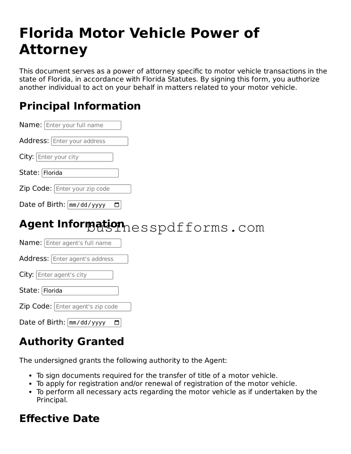 Free Florida Motor Vehicle Power of Attorney Template