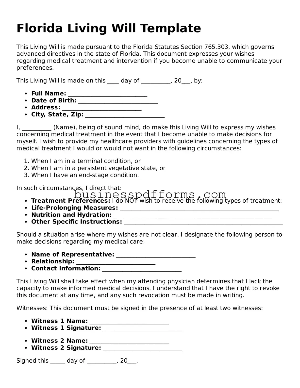 Free Florida Living Will Template