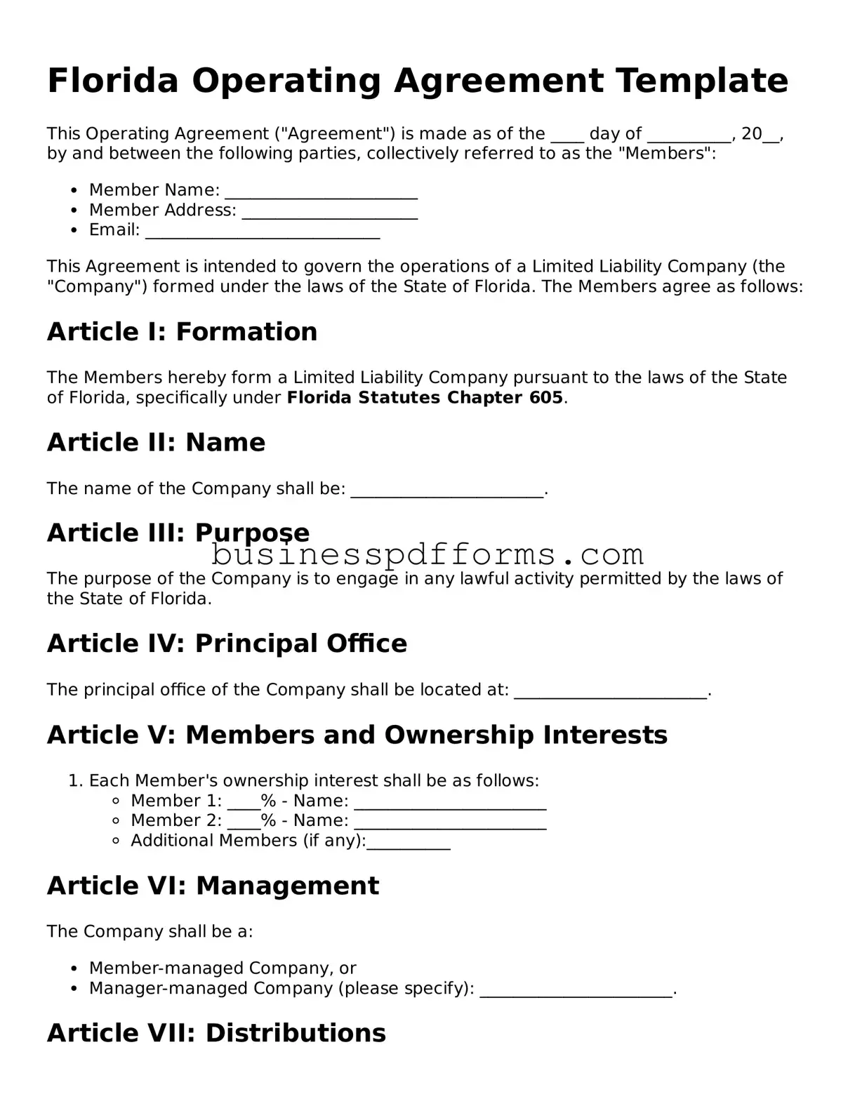 Free Florida Operating Agreement Template