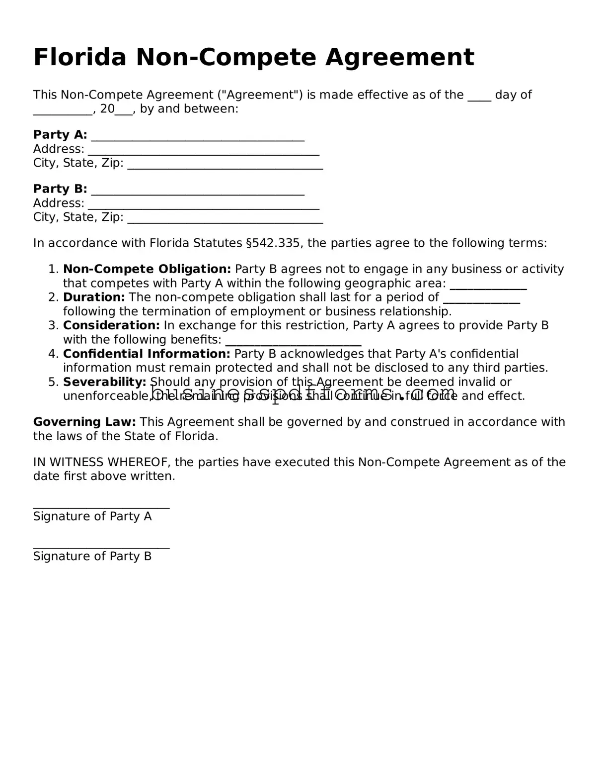 Free Florida Non-compete Agreement Template