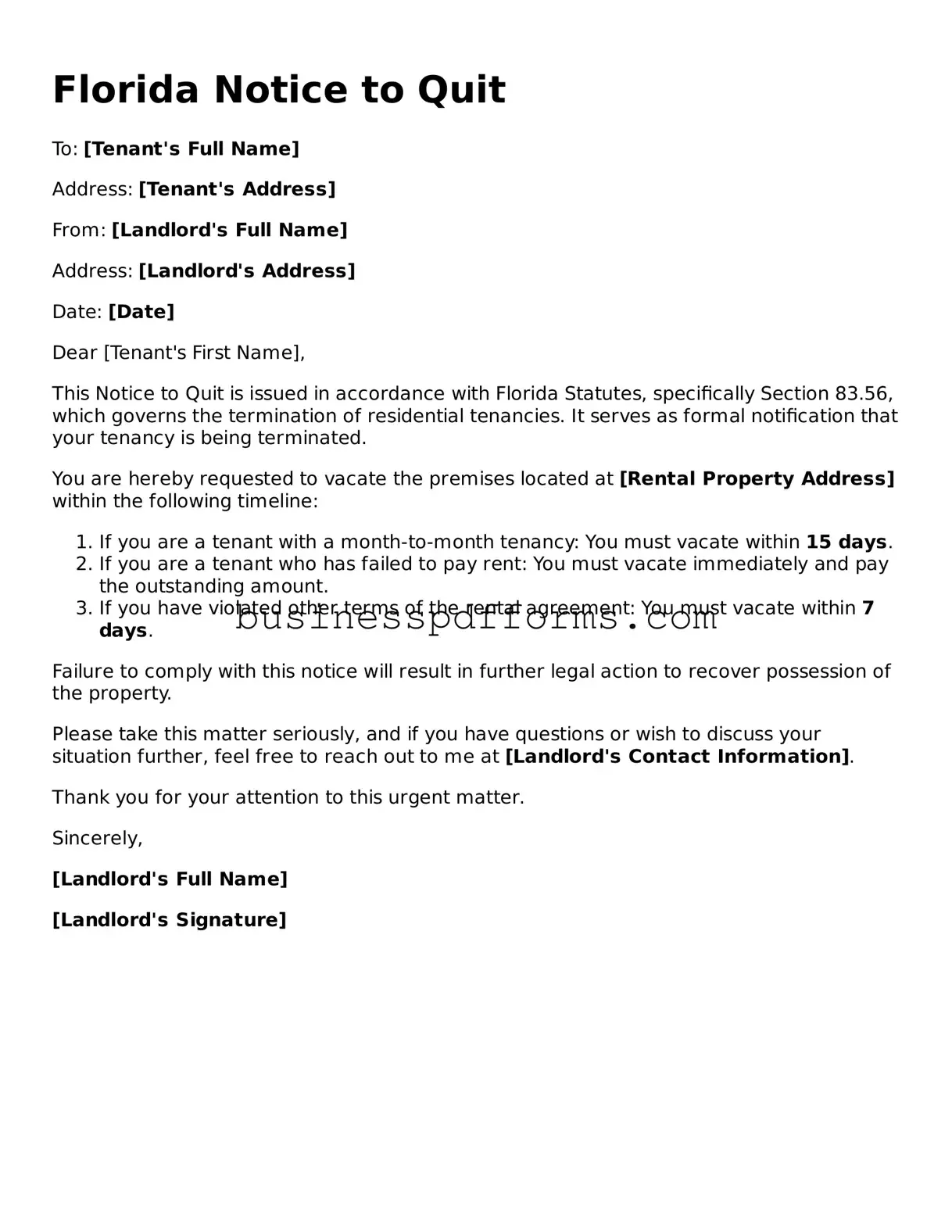 Free Florida Notice to Quit Template