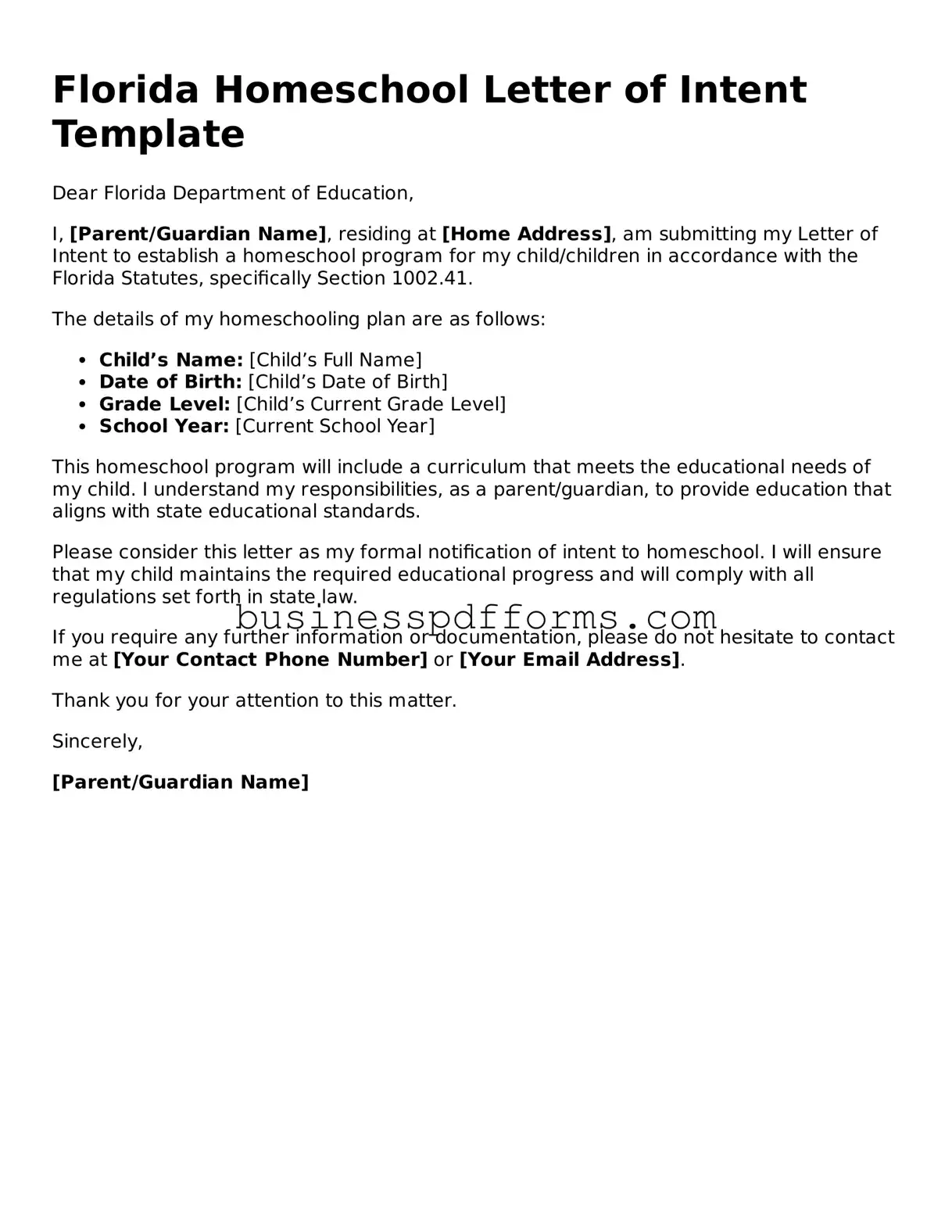 Free Florida Homeschool Letter of Intent Template