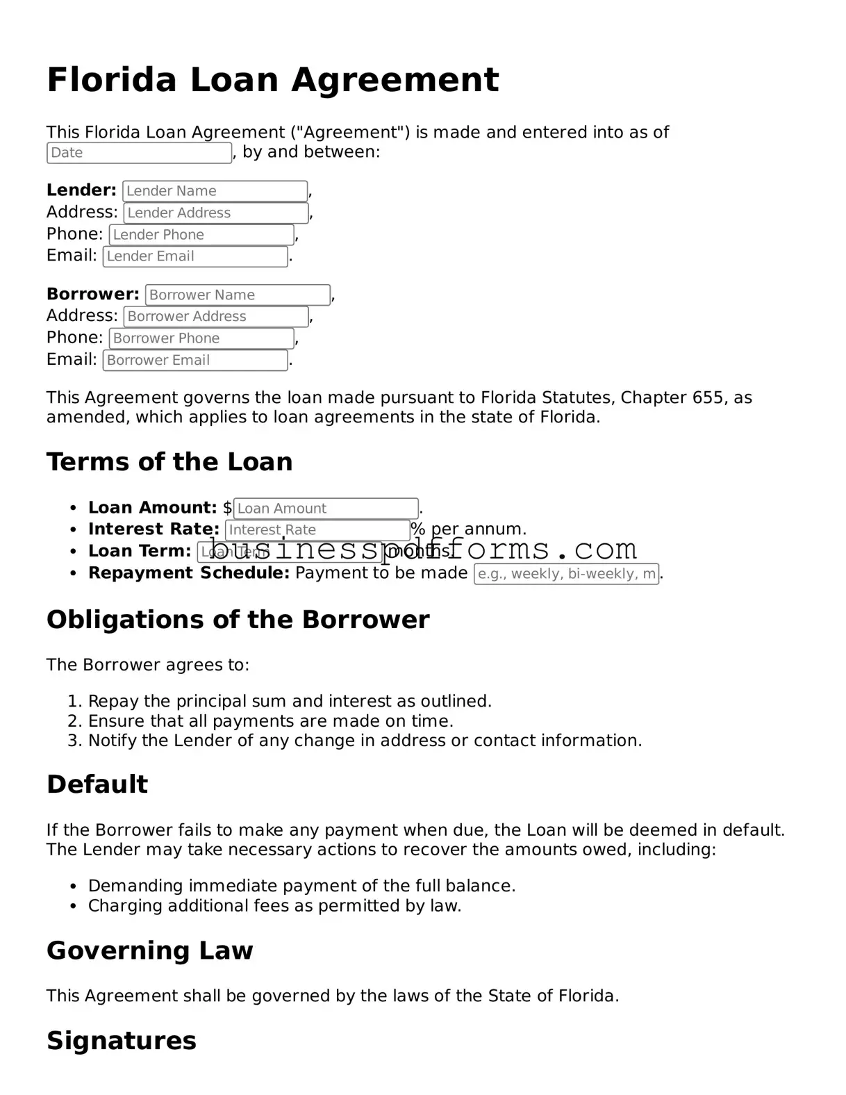 Free Florida Loan Agreement Template
