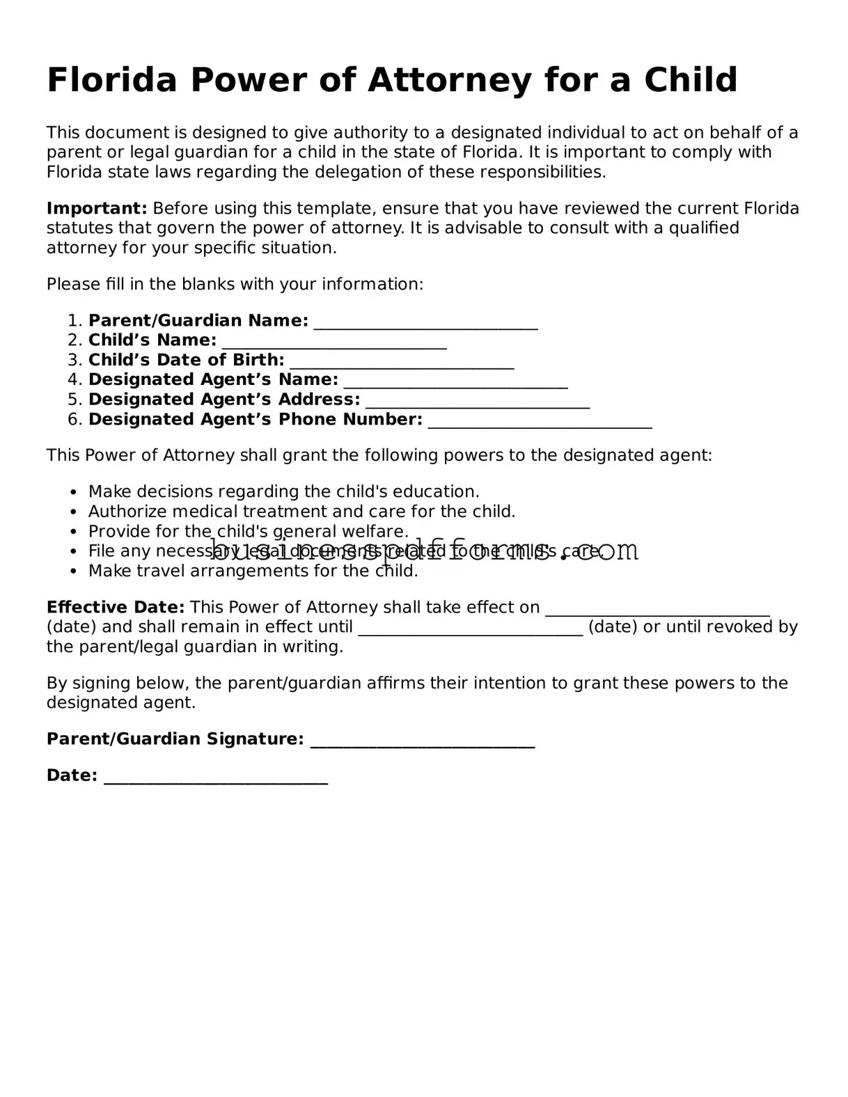Free Florida Power of Attorney for a Child Template