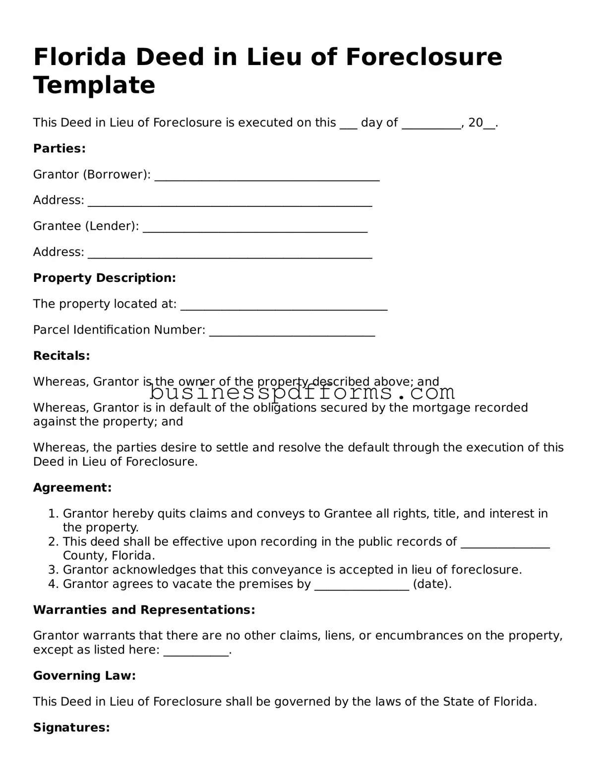 Free Florida Deed in Lieu of Foreclosure Template
