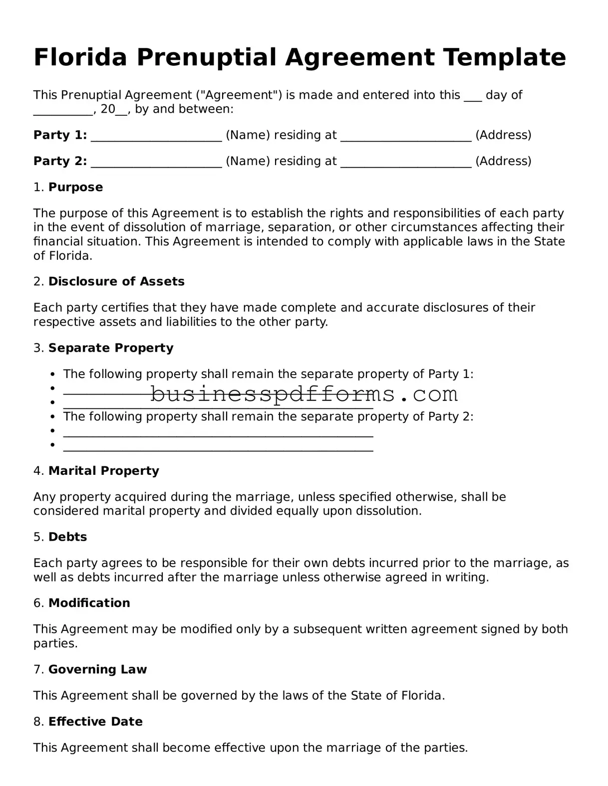 Free Florida Prenuptial Agreement Template