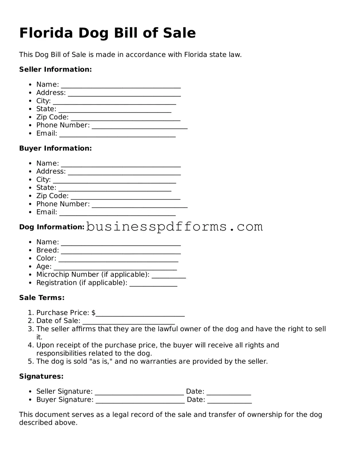 Free Florida Dog Bill of Sale Template